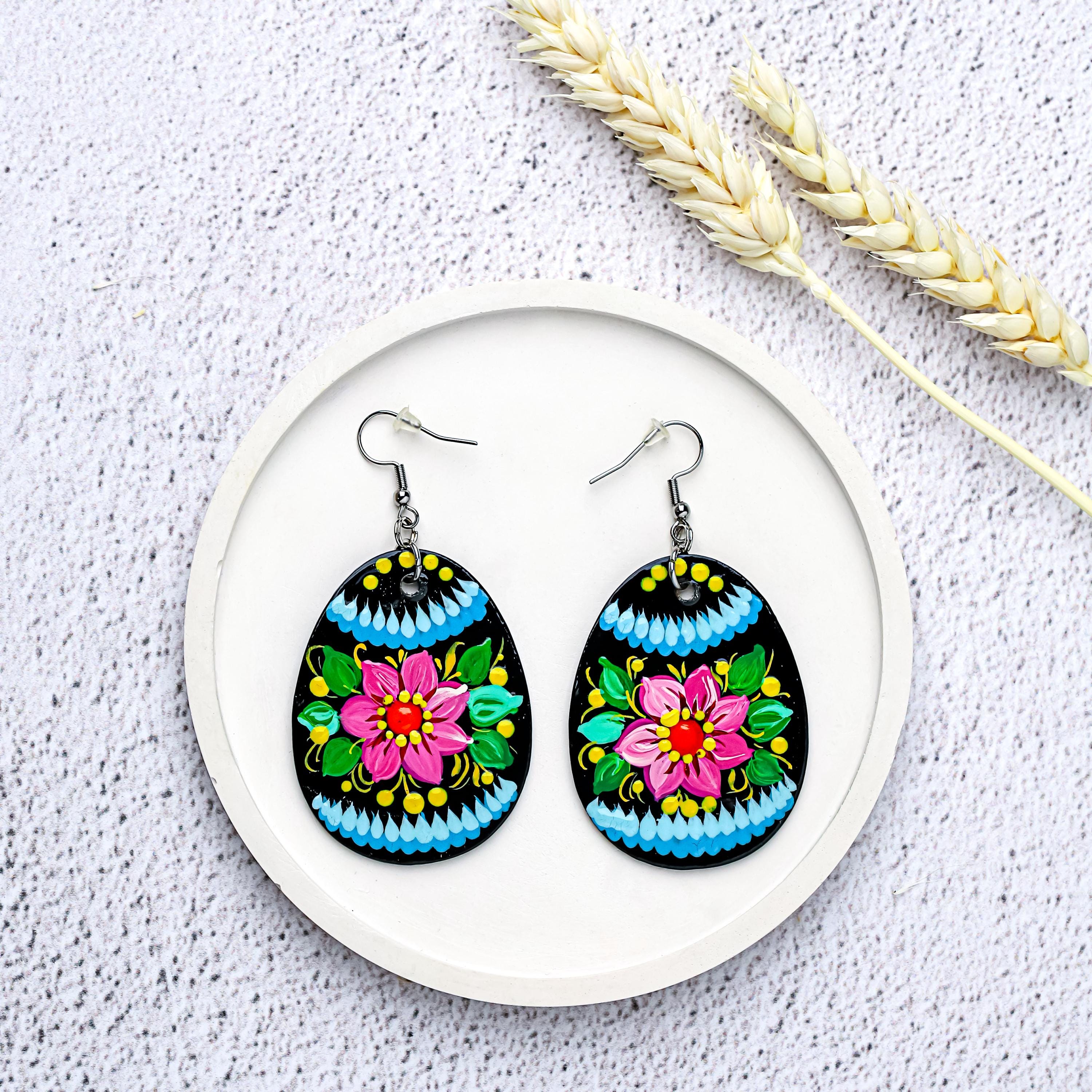 Wooden Bird Easter Earrings Hypoallergenic - Egg-shaped Dangle Earrings - Ukrainian Pysanky Stainless Steel Jewelry