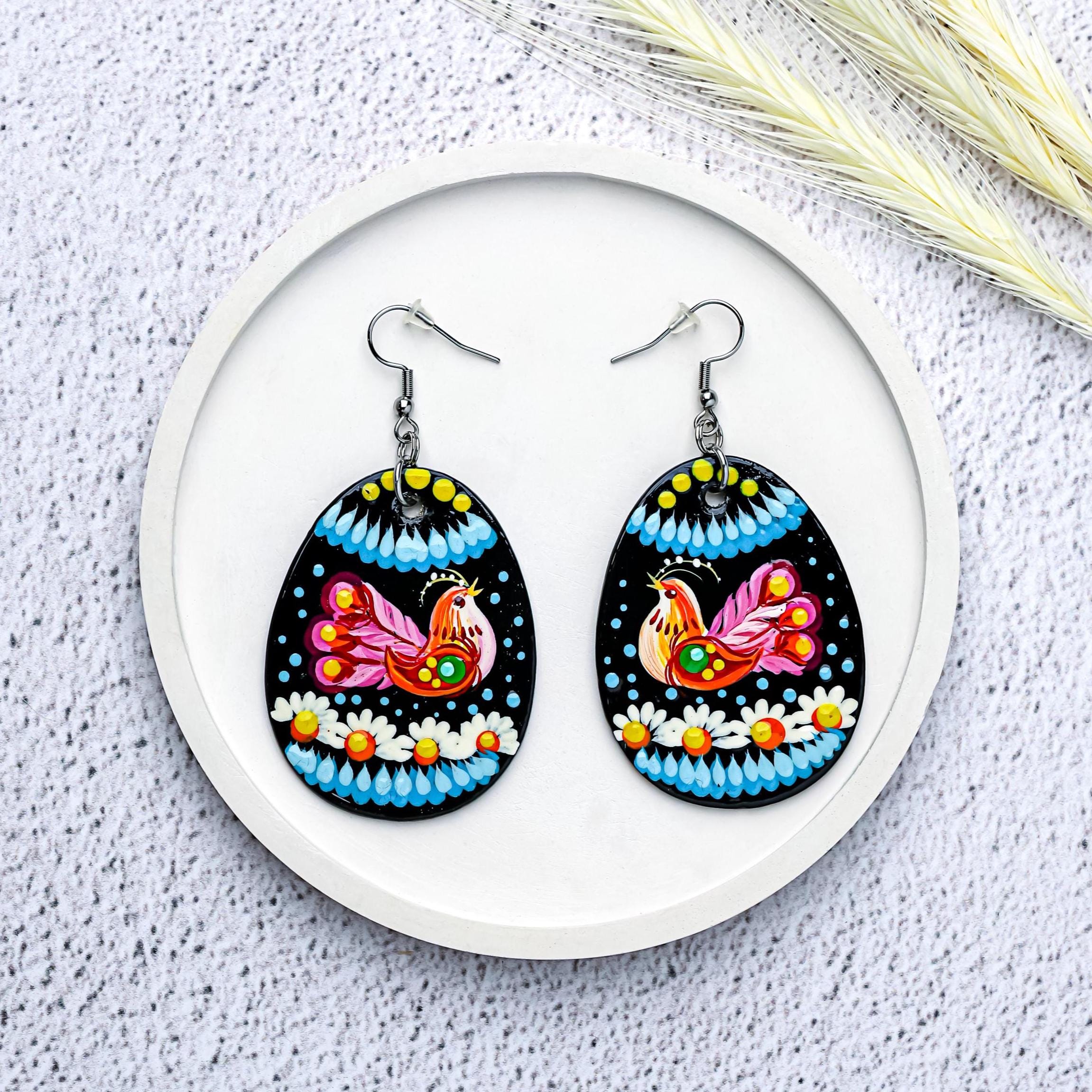Wooden Bird Easter Earrings Hypoallergenic - Egg-shaped Dangle Earrings - Ukrainian Pysanky Stainless Steel Jewelry