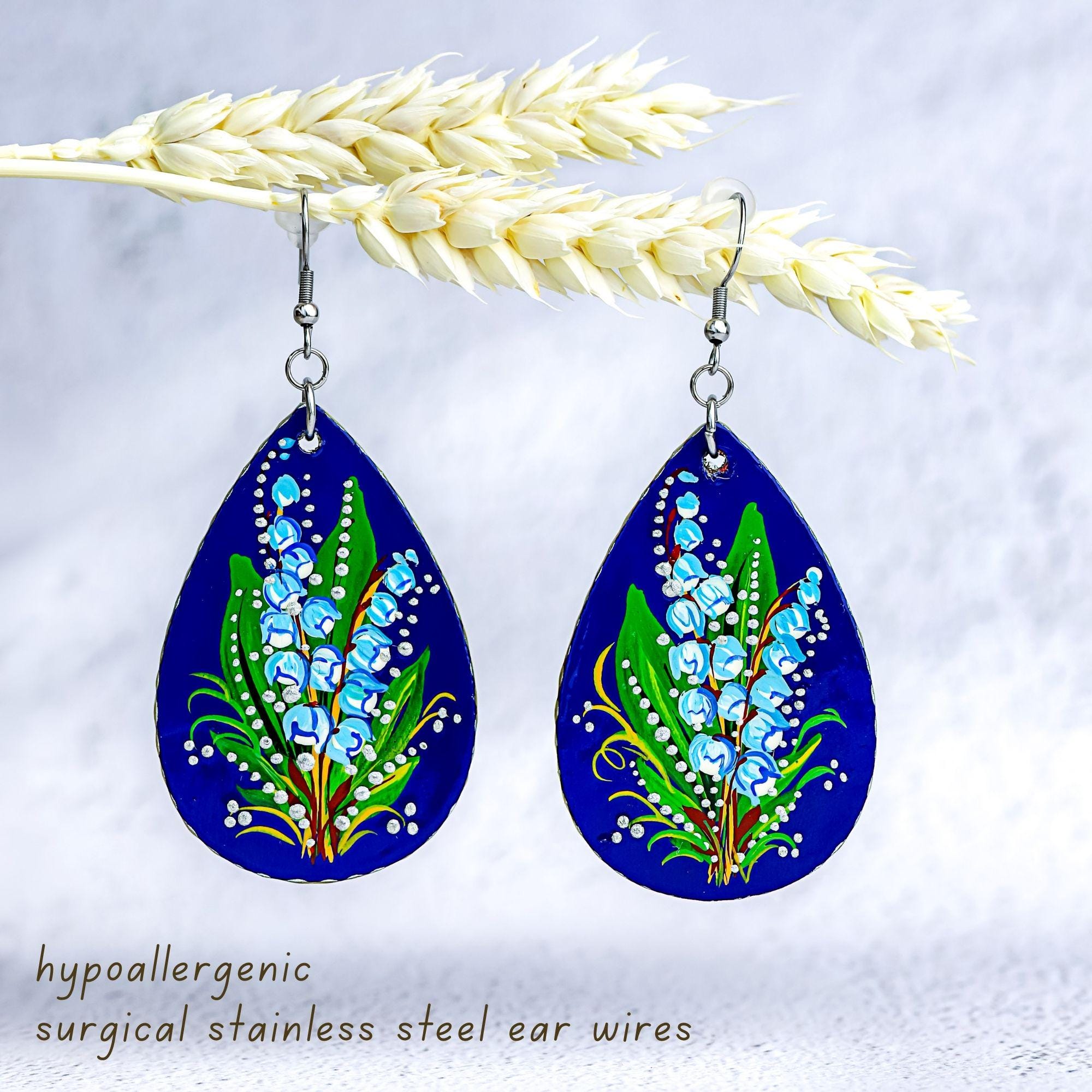 Painted Lily of the Valley Earrings - Hypoallergenic Wooden Teardrop Dangle Earrings - Ukrainian Stainless Steel Jewelry
