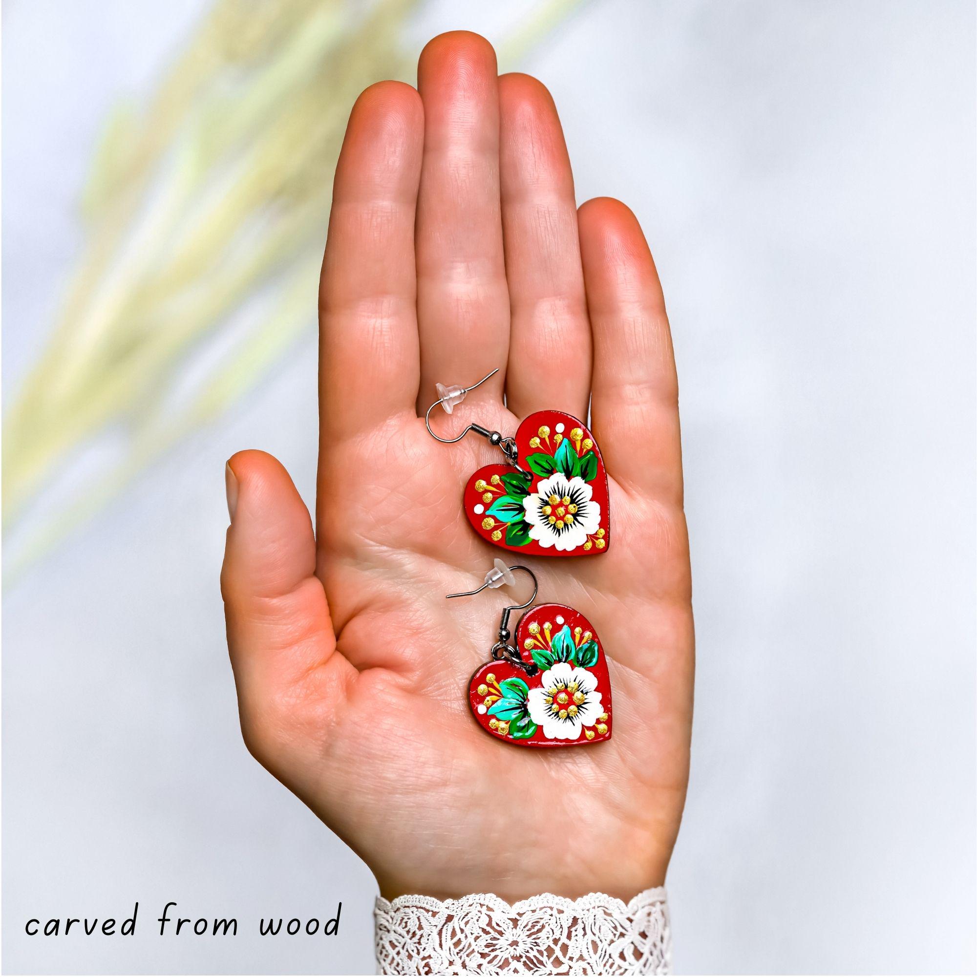 Painted Wooden Heart Earrings - Hypoallergenic Daisy Dangle Earrings - Ukrainian Stainless Steel Jewelry