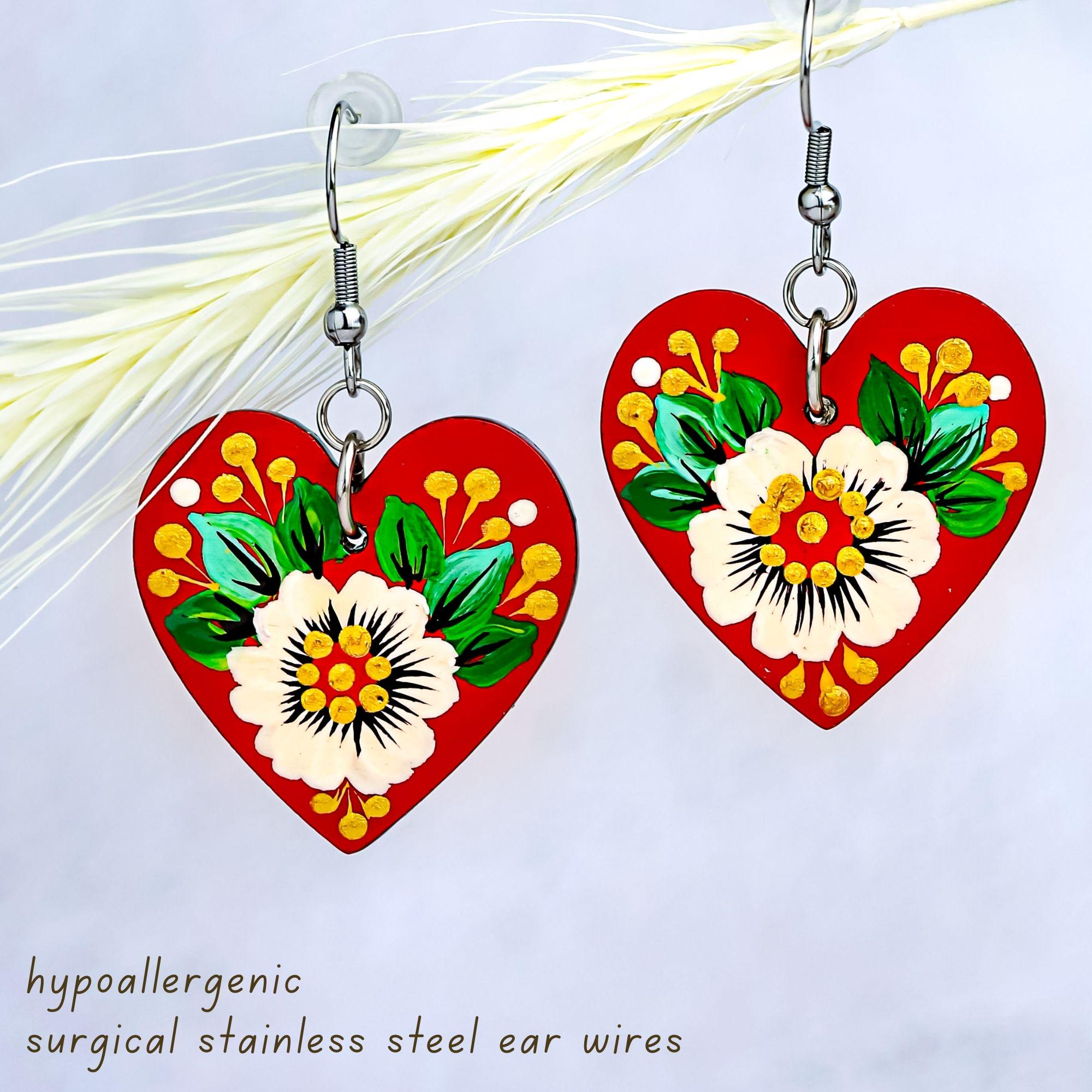 Painted Wooden Heart Earrings - Hypoallergenic Daisy Dangle Earrings - Ukrainian Stainless Steel Jewelry