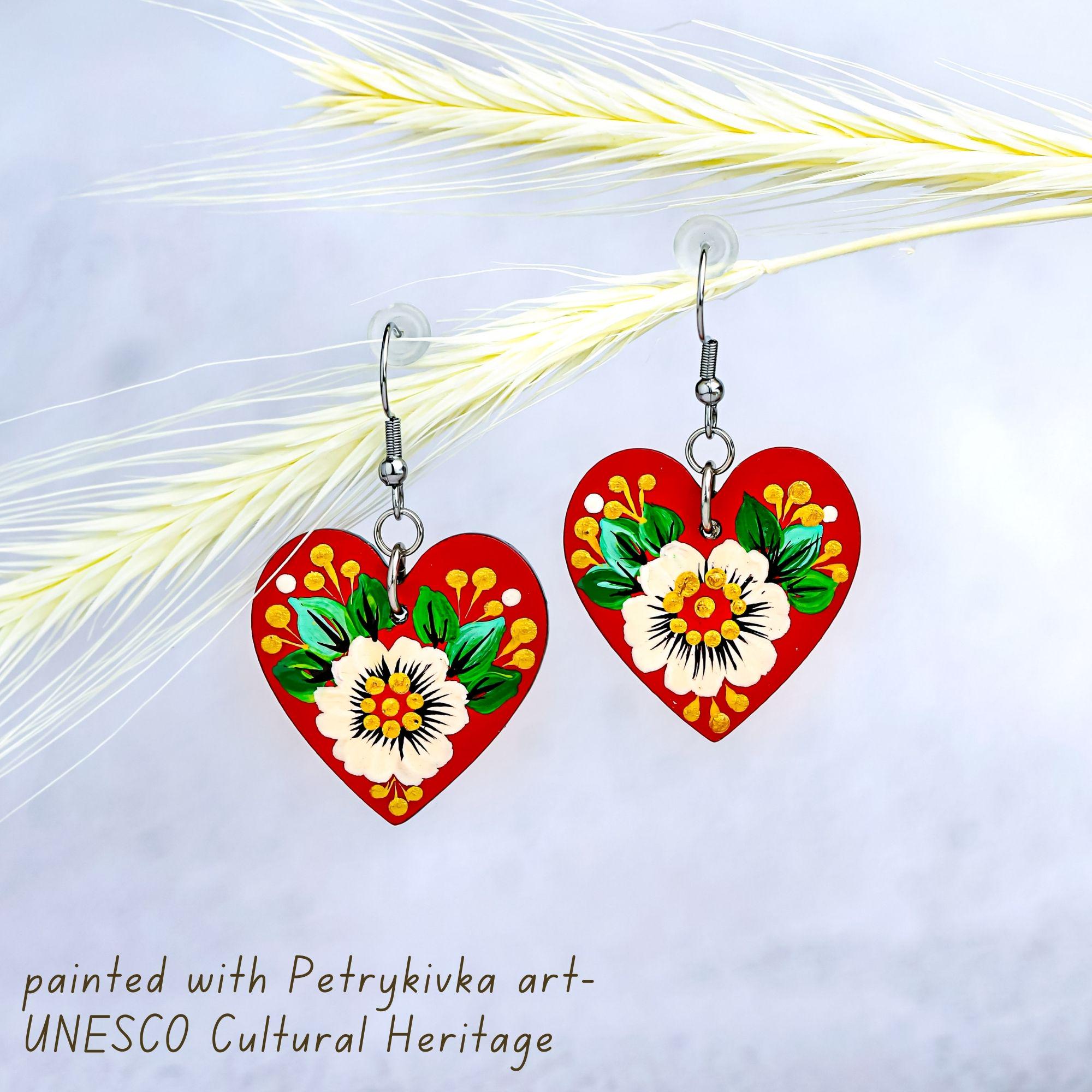 Painted Wooden Heart Earrings - Hypoallergenic Daisy Dangle Earrings - Ukrainian Stainless Steel Jewelry