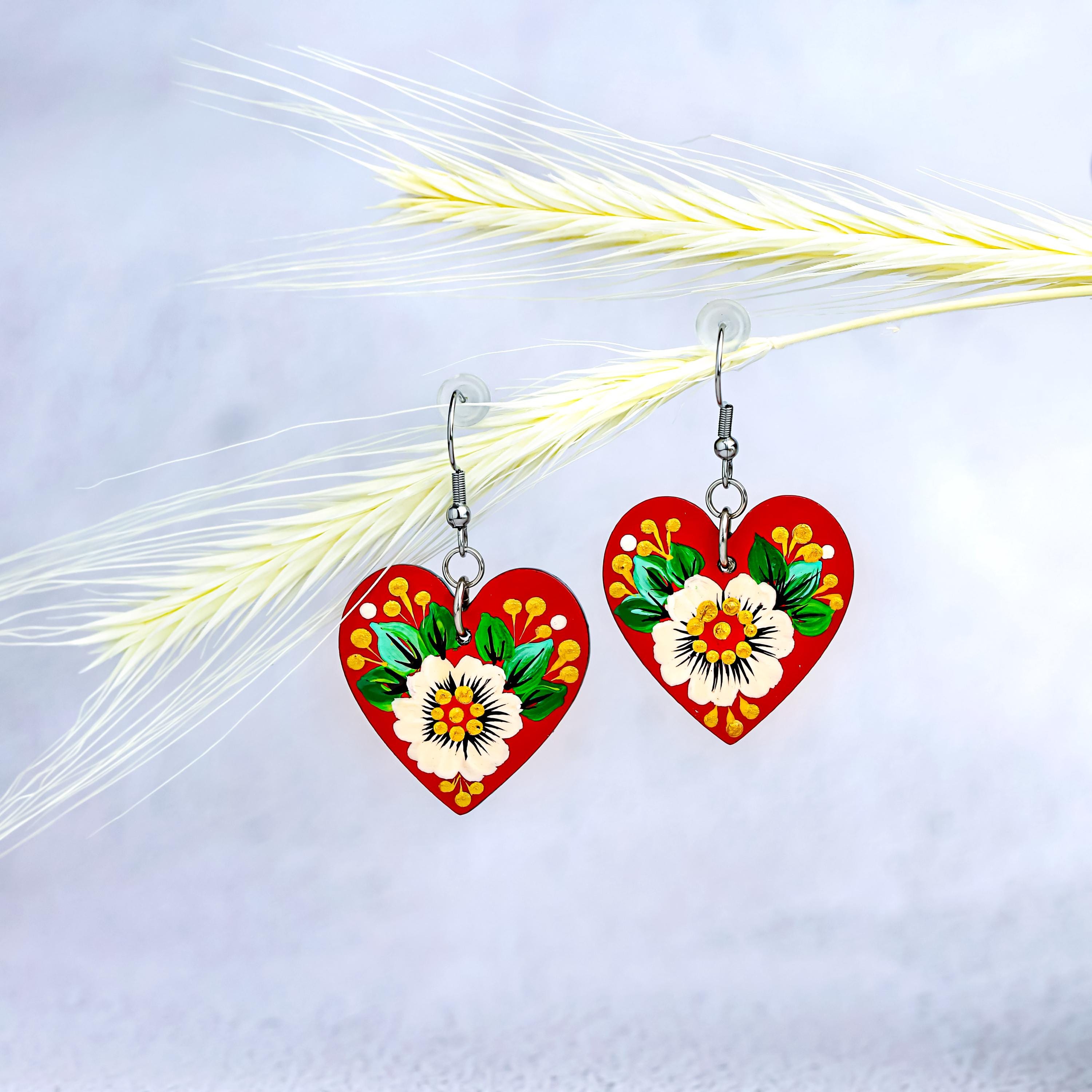 Painted Wooden Heart Earrings - Hypoallergenic Daisy Dangle Earrings - Ukrainian Stainless Steel Jewelry