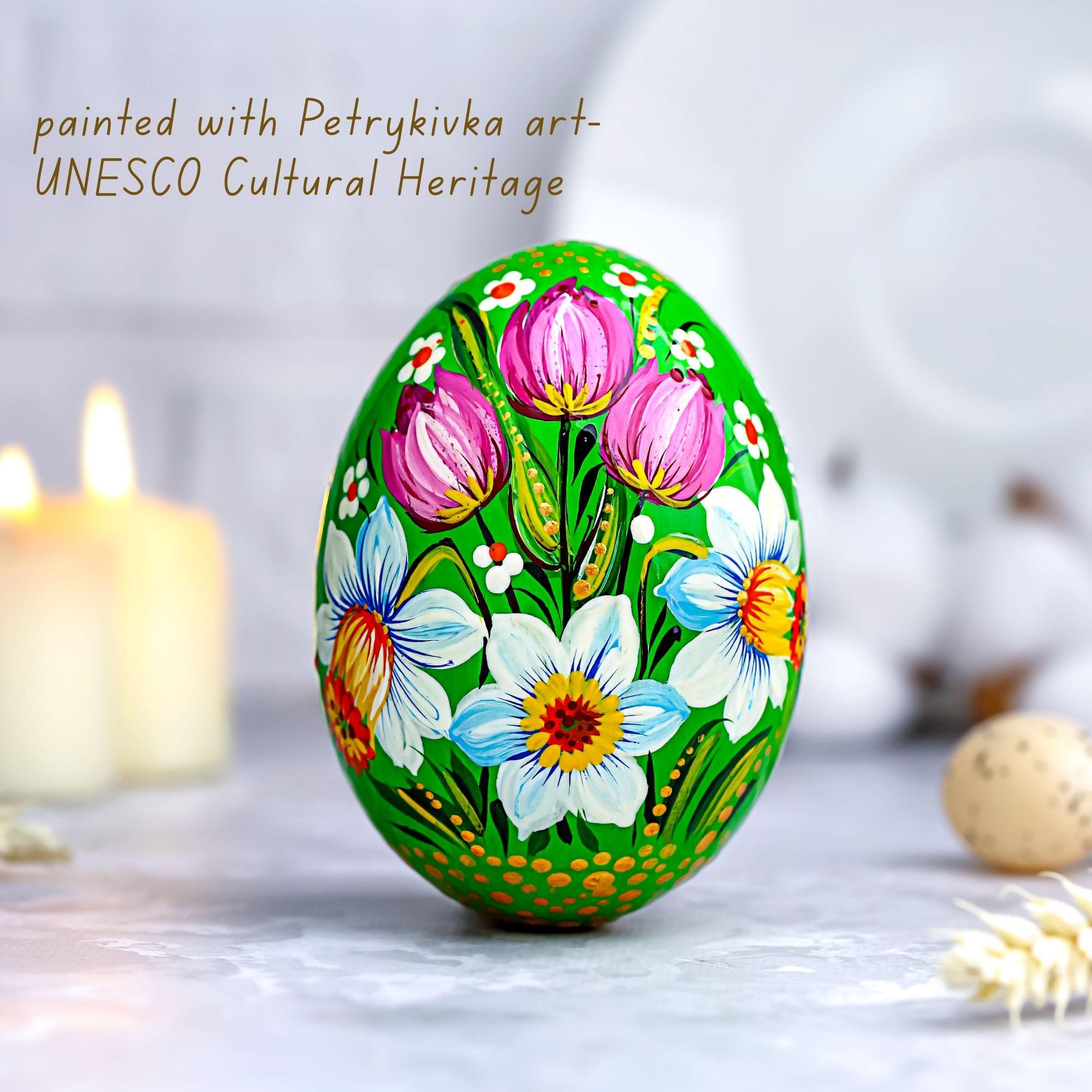 Painted Wooden Egg - Personalized Daffodil & Tulip Easter Decoration, Ukrainian Petrykivka Pysanky Eggs