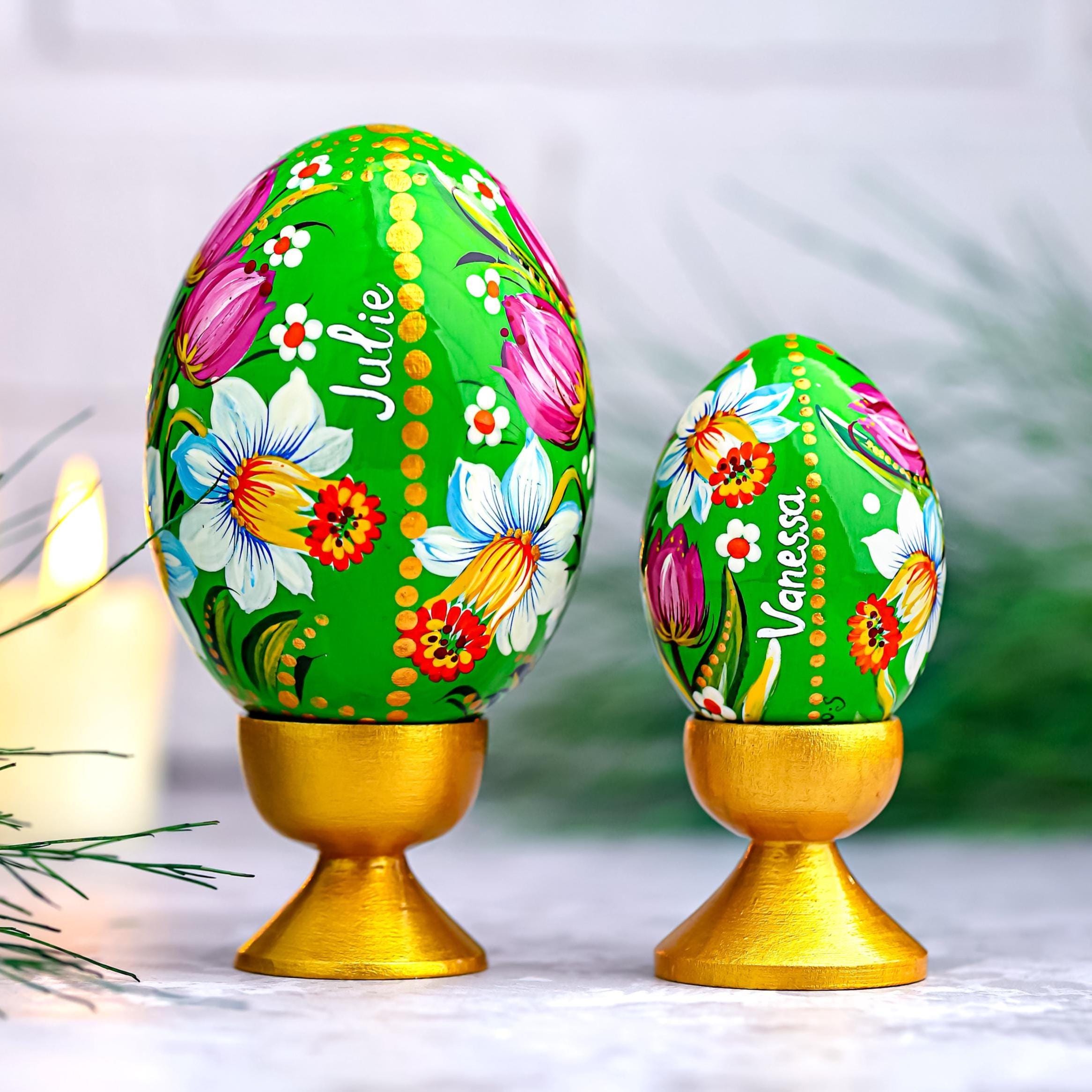 Painted Wooden Egg - Personalized Daffodil & Tulip Easter Decoration, Ukrainian Petrykivka Pysanky Eggs