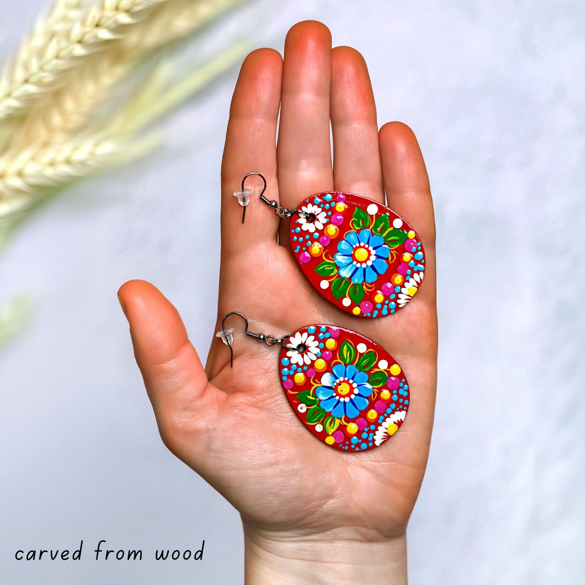 Hypoallergenic Easter Earrings - Egg-shaped Wooden Dangle Earrings - Ukrainian Pysanky Stainless Steel Jewelry