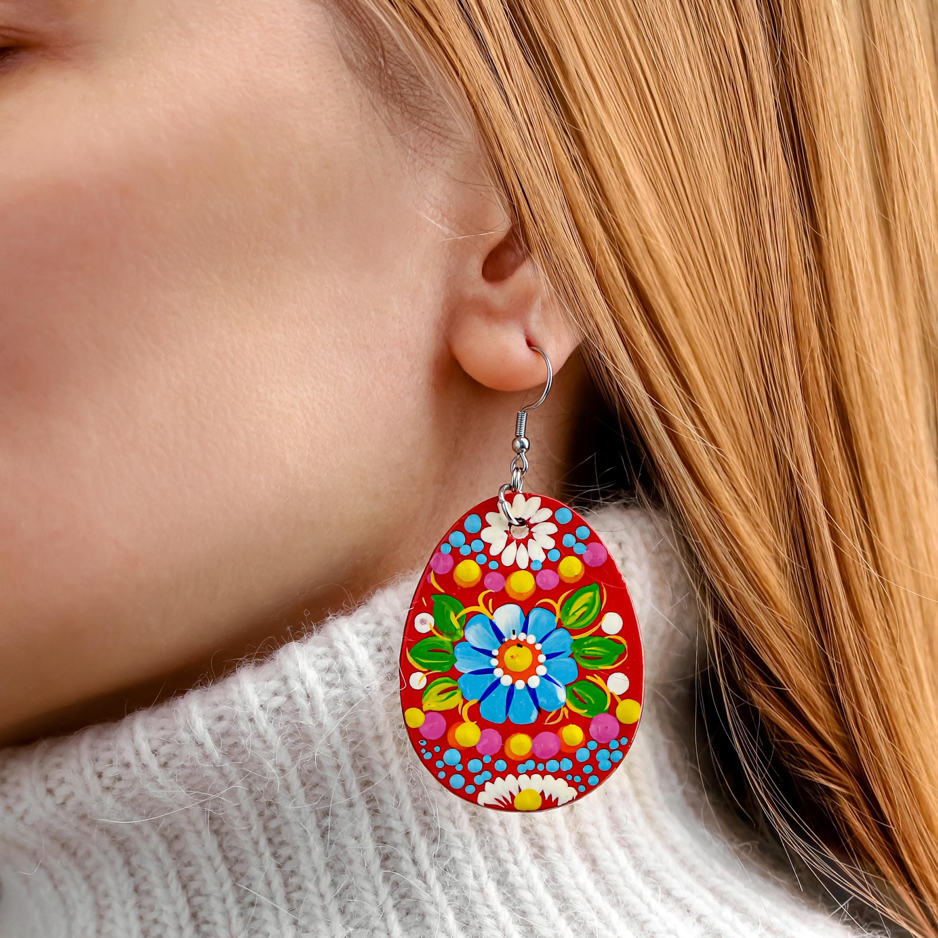 Hypoallergenic Easter Earrings - Egg-shaped Wooden Dangle Earrings - Ukrainian Pysanky Stainless Steel Jewelry
