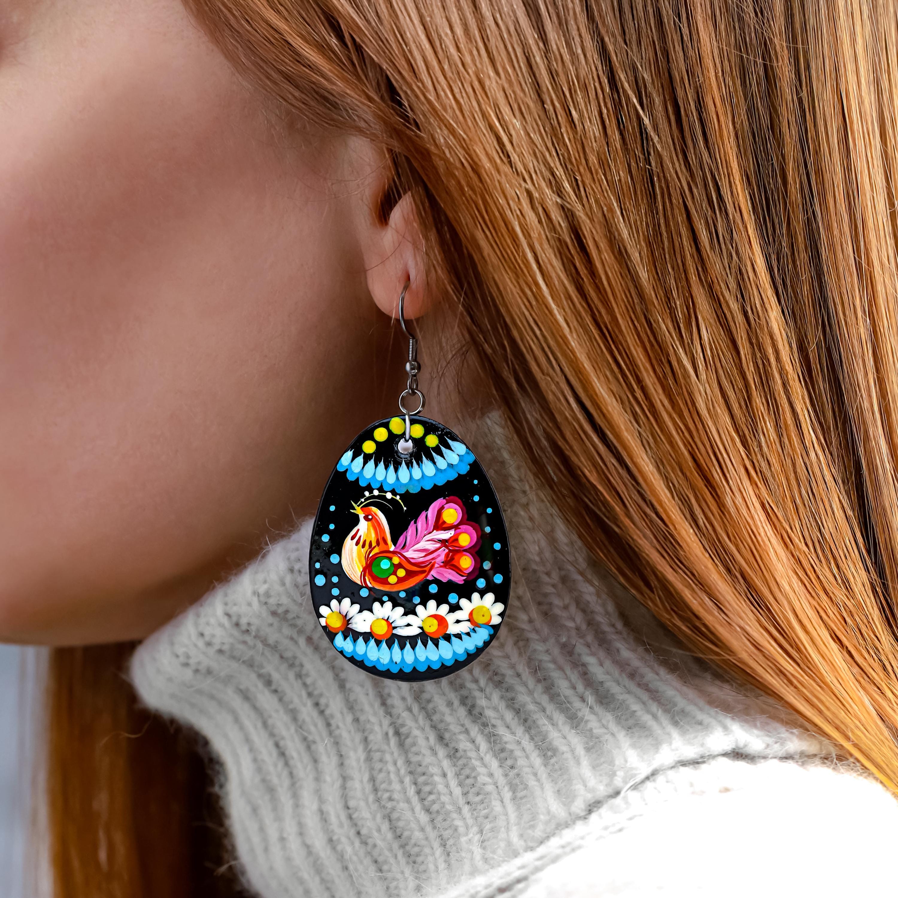 Wooden Bird Easter Earrings Hypoallergenic - Egg-shaped Dangle Earrings - Ukrainian Pysanky Stainless Steel Jewelry