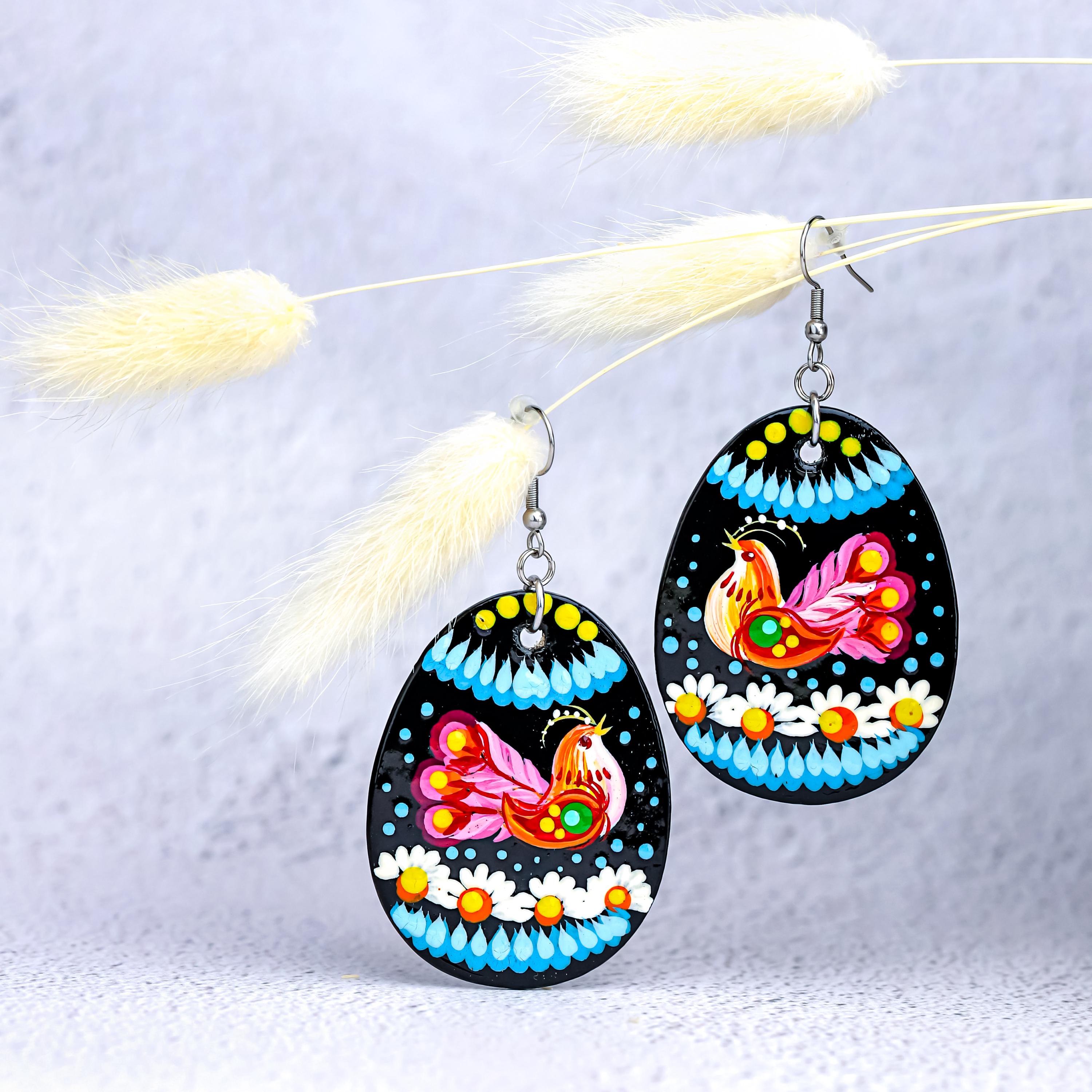 Wooden Bird Easter Earrings Hypoallergenic - Egg-shaped Dangle Earrings - Ukrainian Pysanky Stainless Steel Jewelry