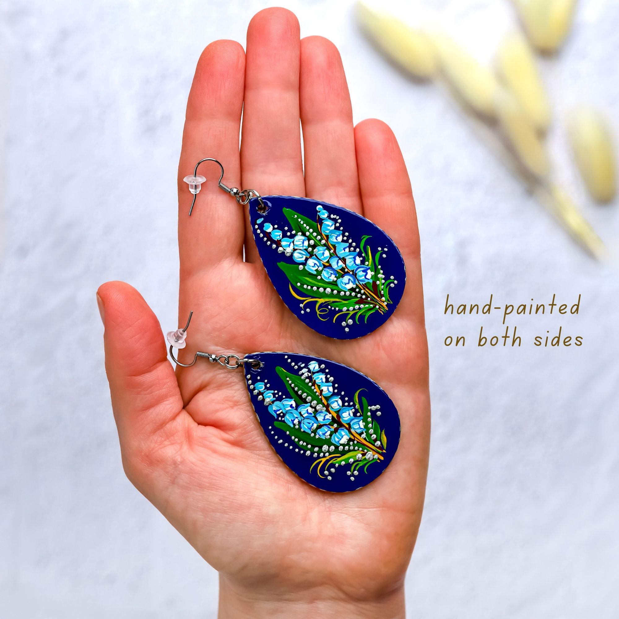 Painted Lily of the Valley Earrings - Hypoallergenic Wooden Teardrop Dangle Earrings - Ukrainian Stainless Steel Jewelry