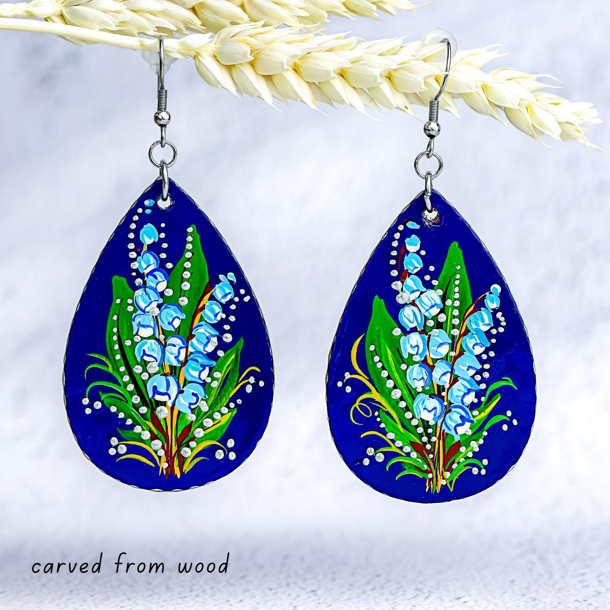 Painted Lily of the Valley Earrings - Hypoallergenic Wooden Teardrop Dangle Earrings - Ukrainian Stainless Steel Jewelry