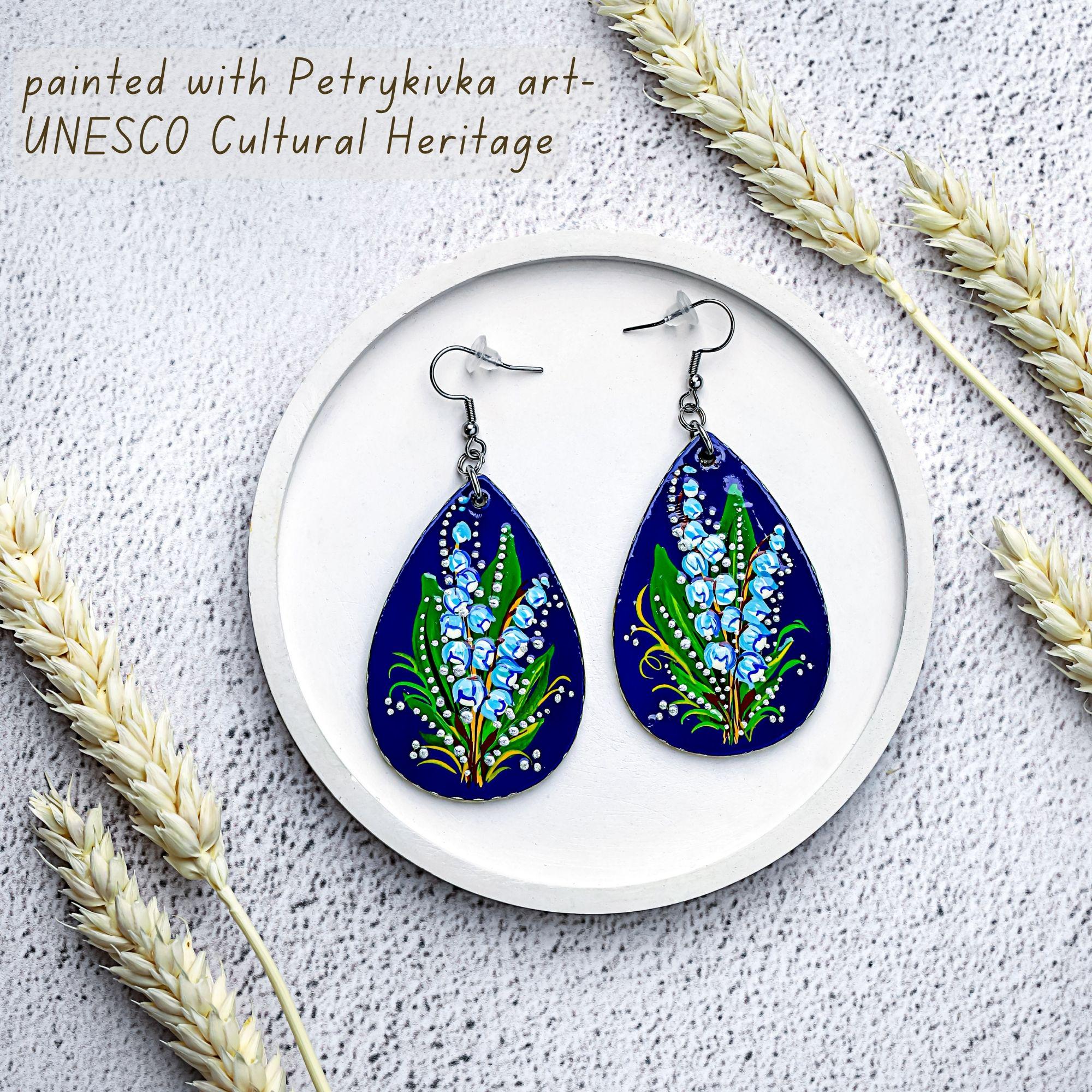 Painted Lily of the Valley Earrings - Hypoallergenic Wooden Teardrop Dangle Earrings - Ukrainian Stainless Steel Jewelry