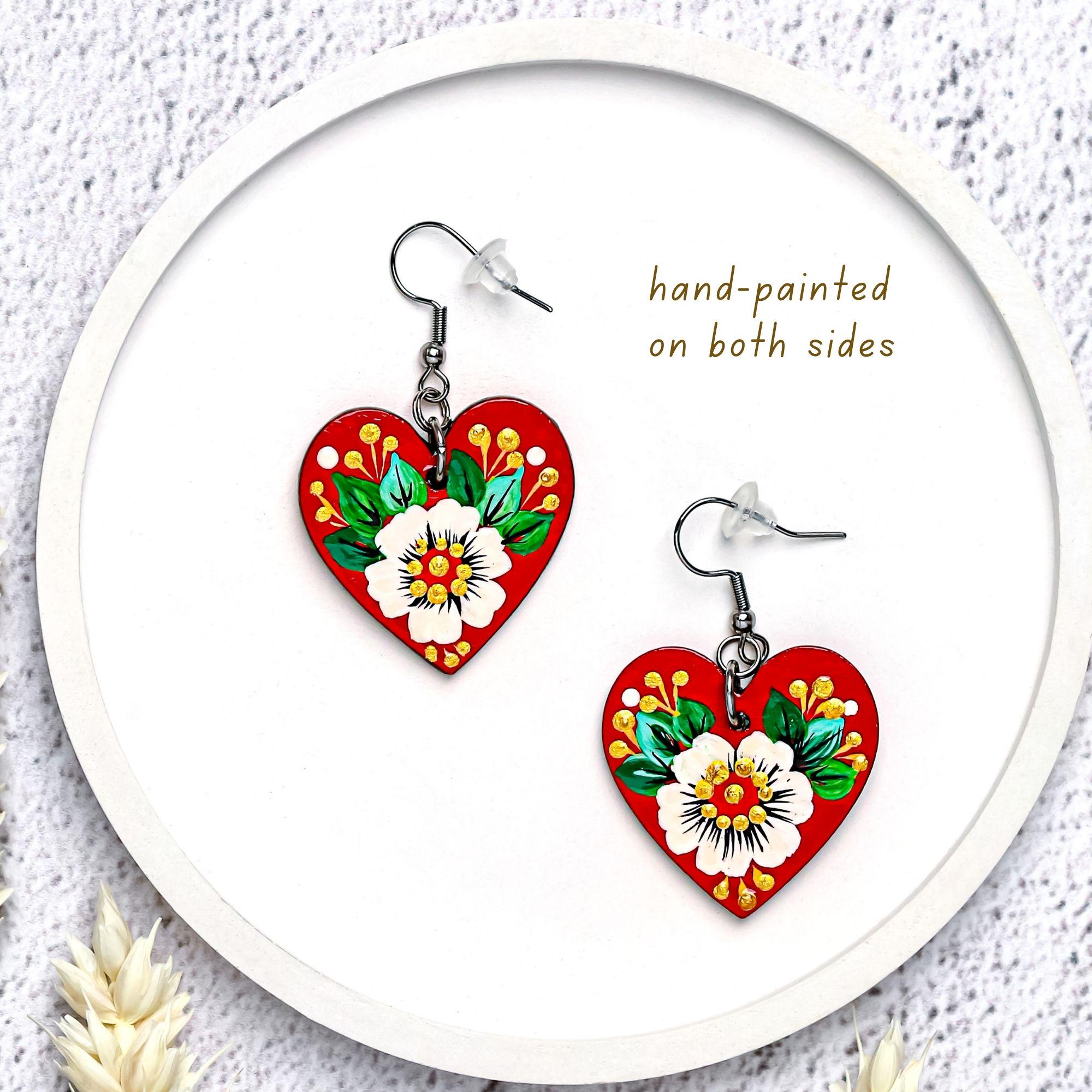 Painted Wooden Heart Earrings - Hypoallergenic Daisy Dangle Earrings - Ukrainian Stainless Steel Jewelry