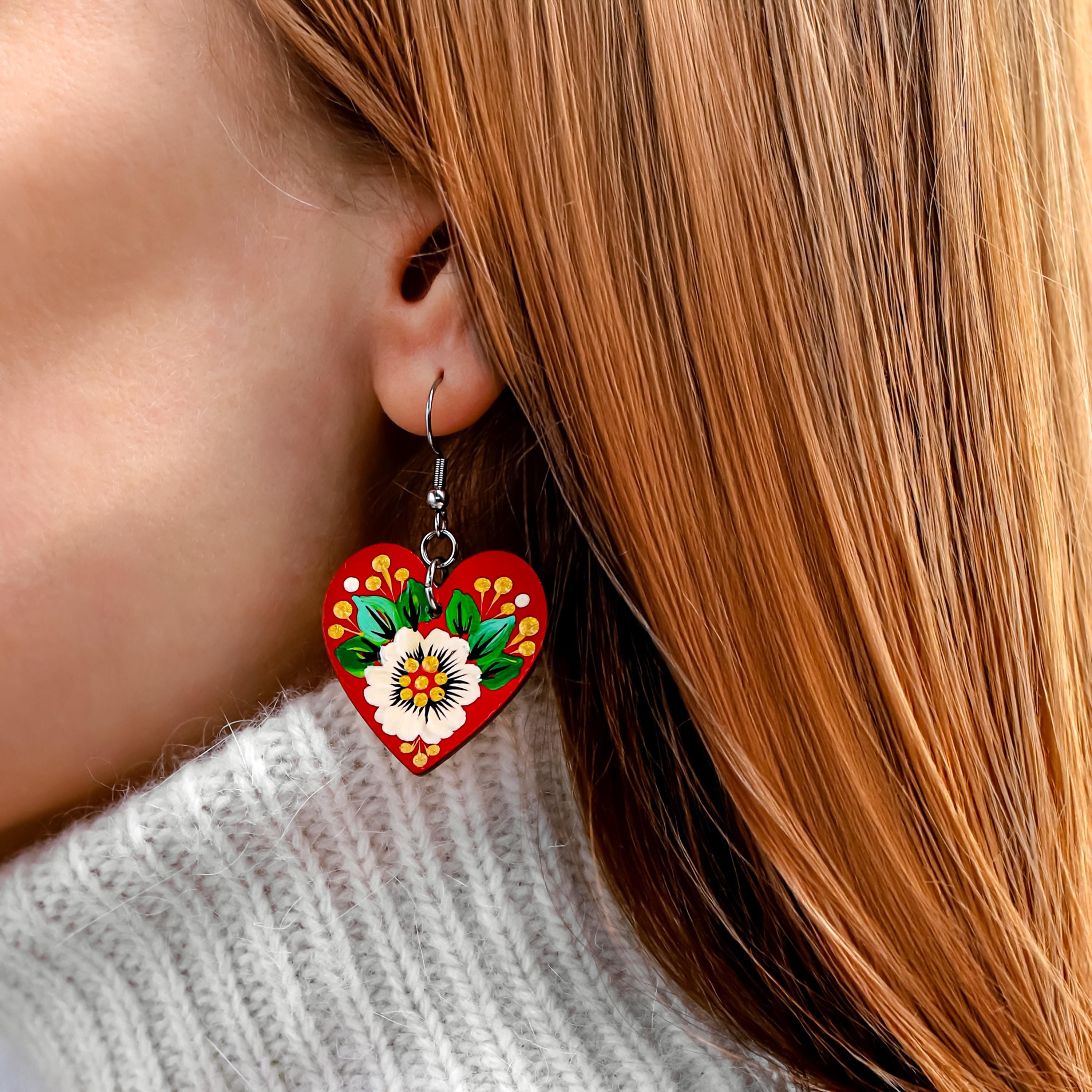 Painted Wooden Heart Earrings - Hypoallergenic Daisy Dangle Earrings - Ukrainian Stainless Steel Jewelry