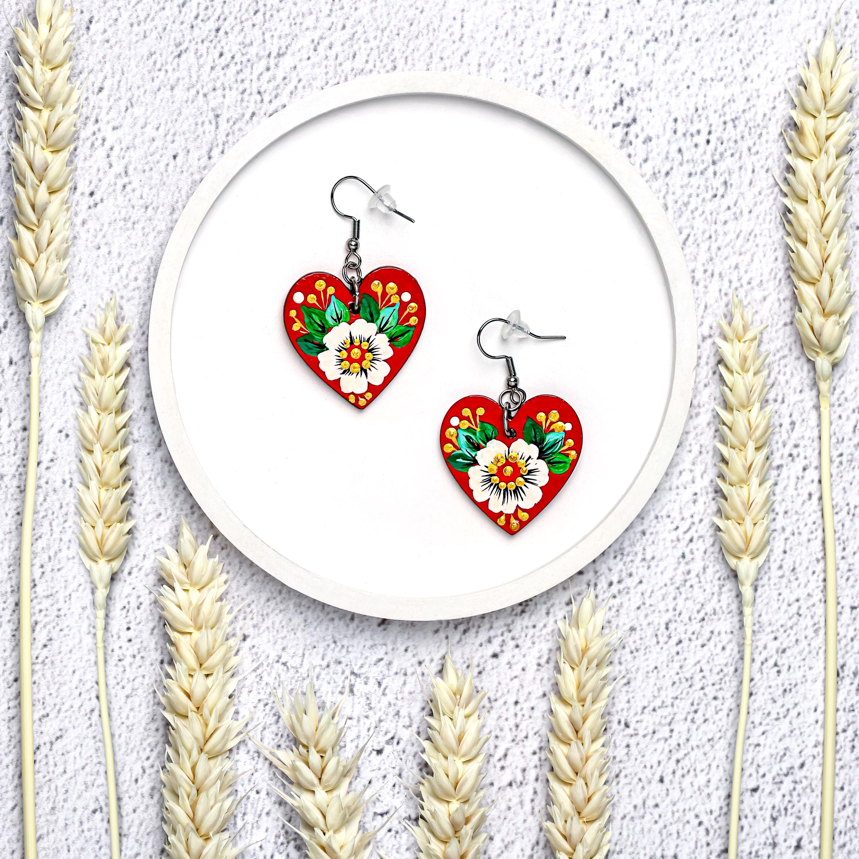 Painted Wooden Heart Earrings - Hypoallergenic Daisy Dangle Earrings - Ukrainian Stainless Steel Jewelry