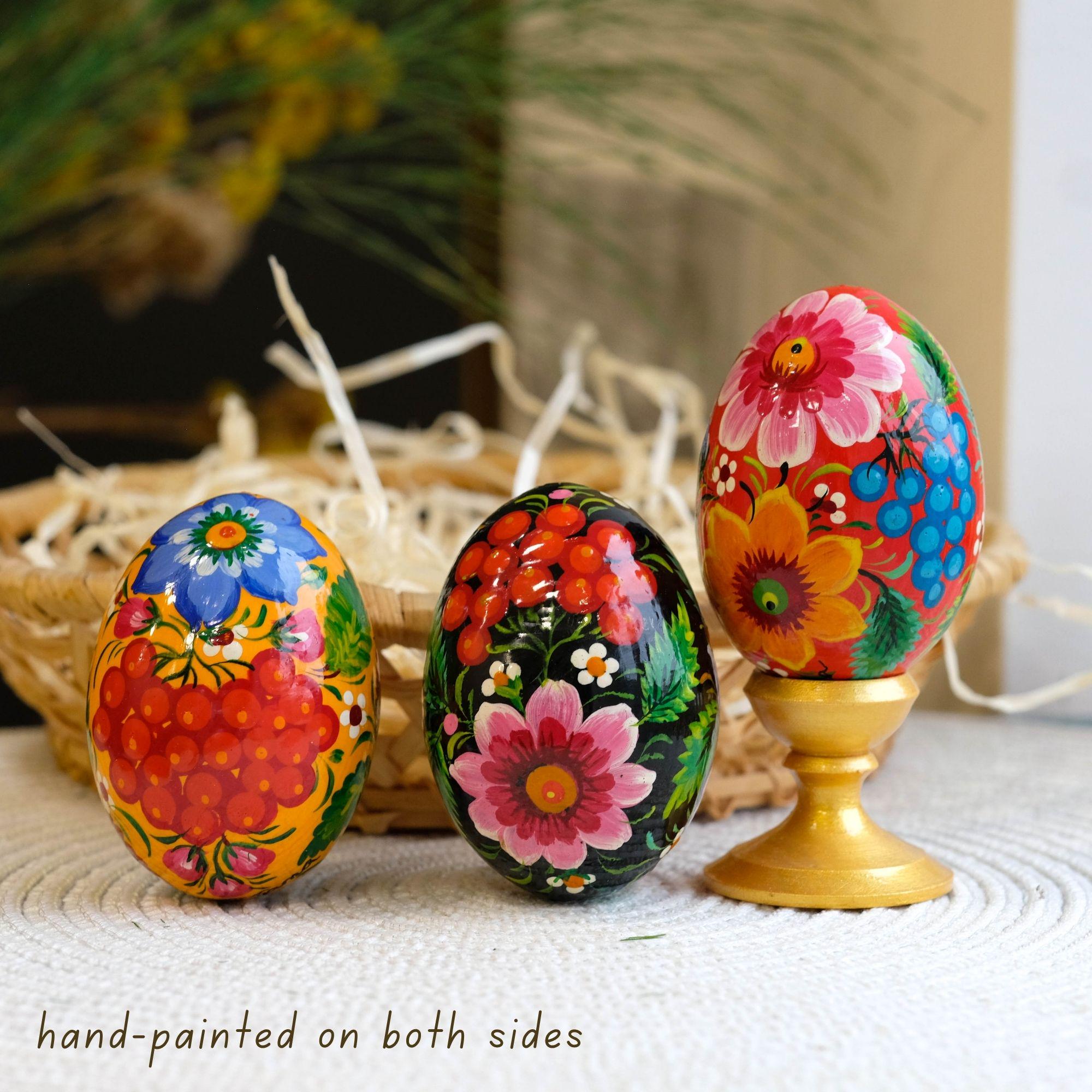 Painted Wooden Bird Easter Egg - Ukrainian Pysanky with Petrykivka Art