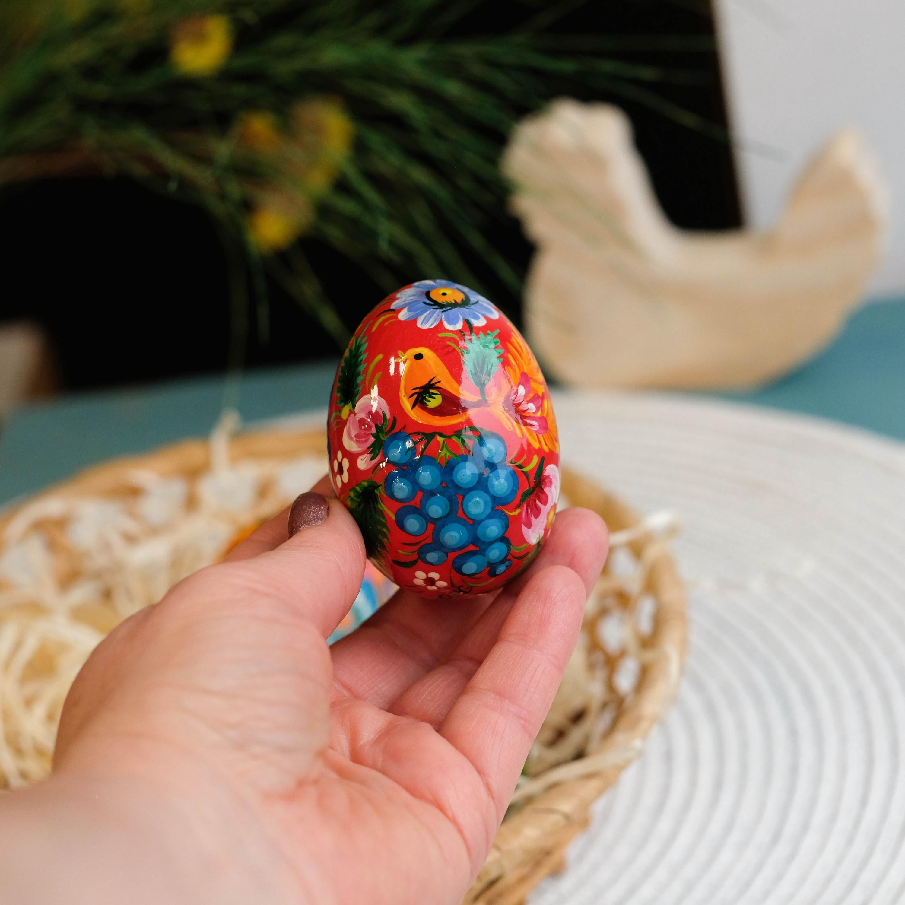 Painted Wooden Bird Easter Egg - Ukrainian Pysanky with Petrykivka Art