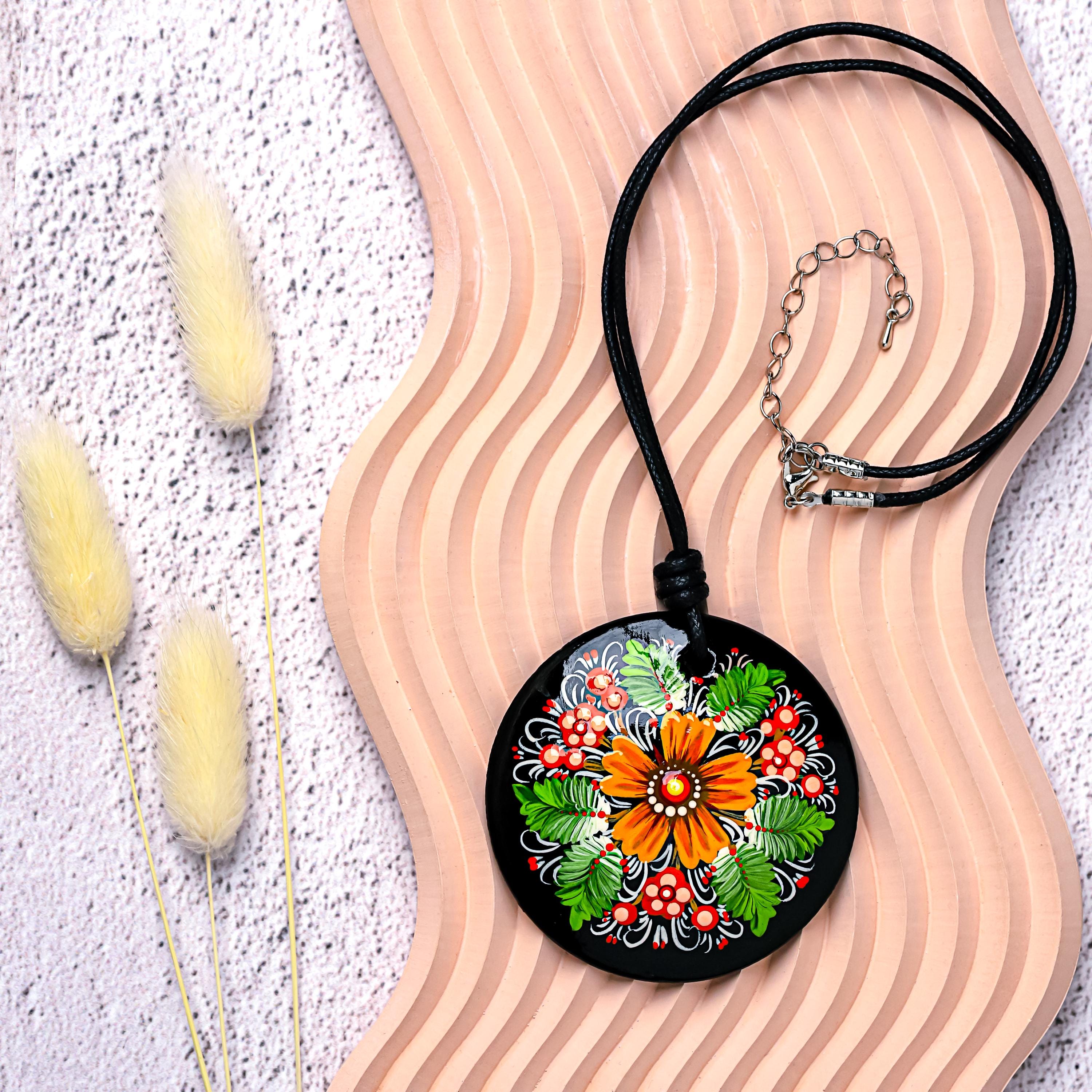 Hand-Painted Wooden Pendant Necklace – Ukrainian Petrykivka Folk Art Statement Medallion