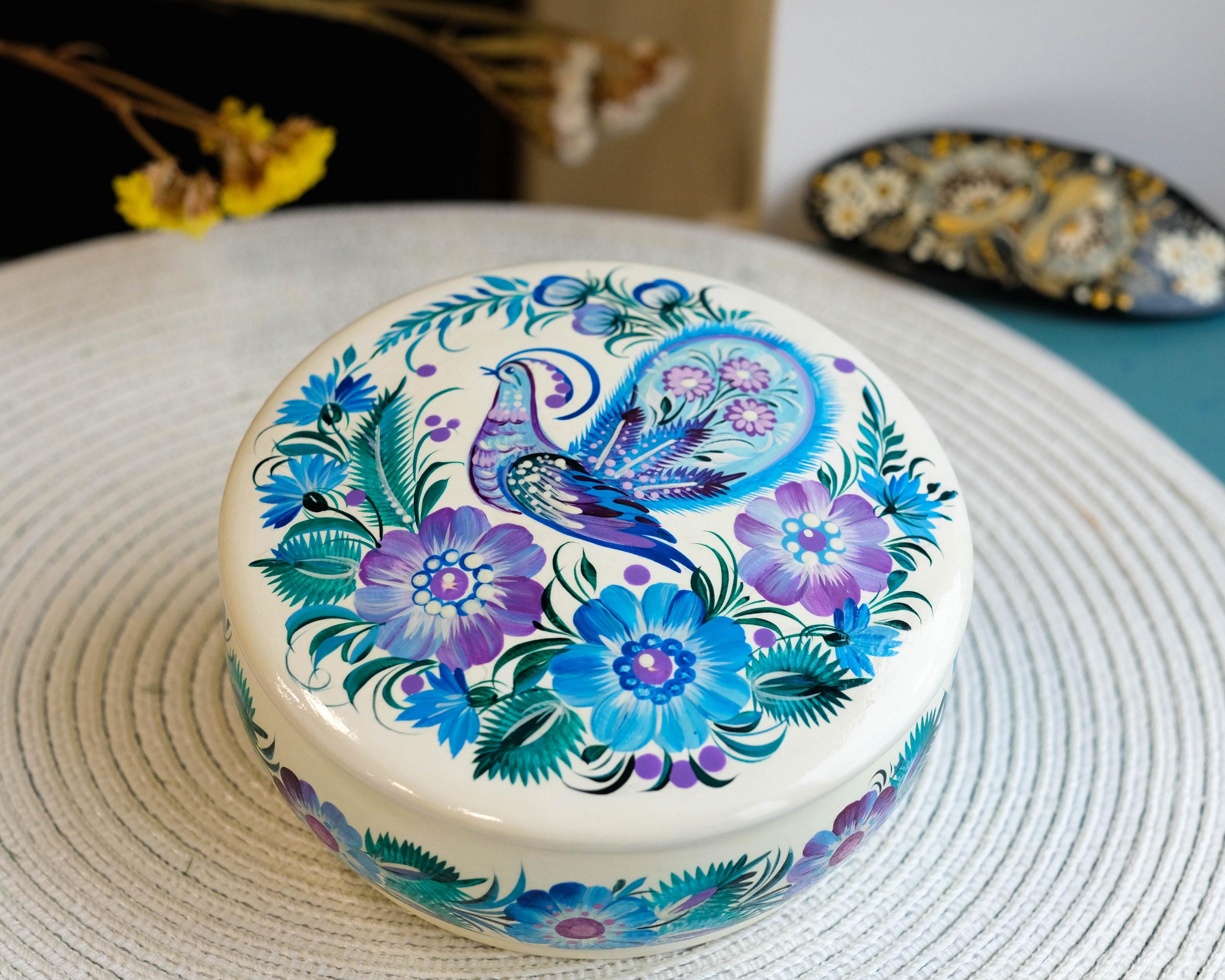 Hand-painted Wooden Jewelry Box with Ukrainian Petrykivka Art - Fairy Bird & Blue Flowers