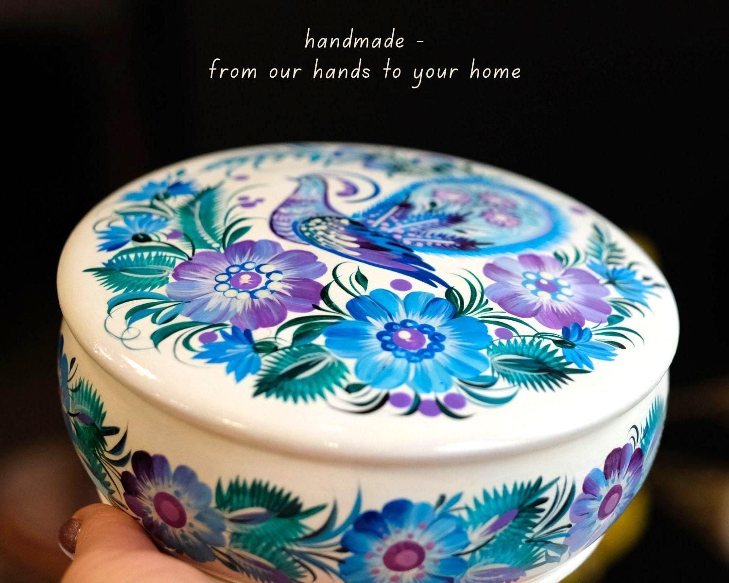 Hand-painted Wooden Jewelry Box with Ukrainian Petrykivka Art - Fairy Bird & Blue Flowers