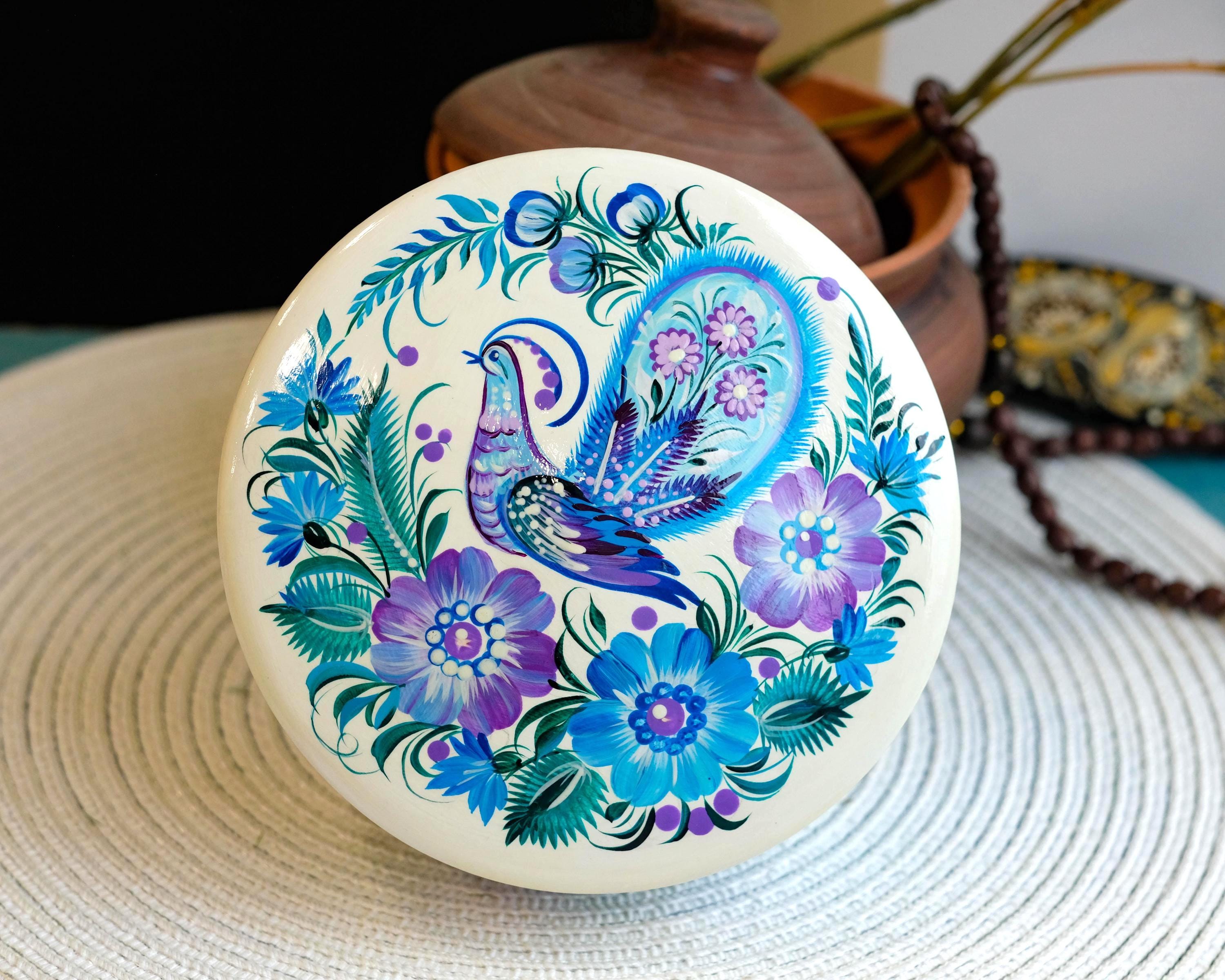 Hand-painted Wooden Jewelry Box with Ukrainian Petrykivka Art - Fairy Bird & Blue Flowers