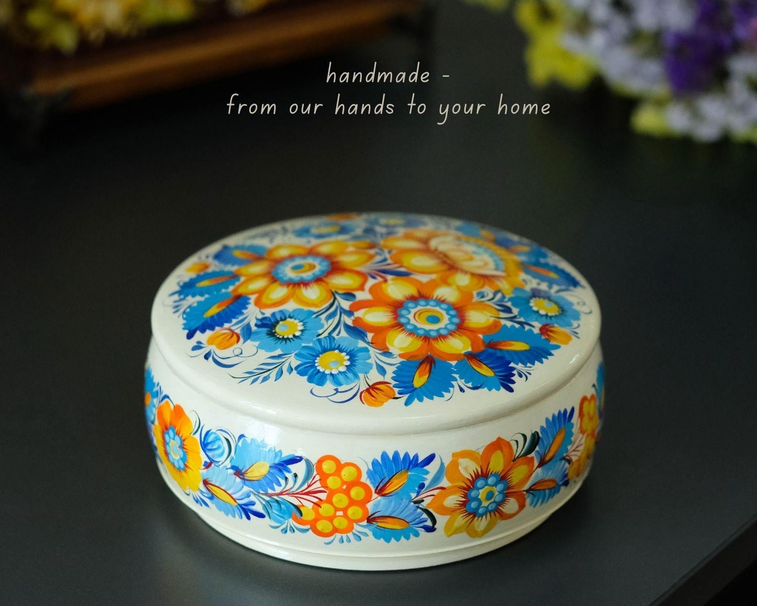 Painted Wooden Sunflower Jewelry Box with Ukrainian Petrykivka Art - Blue & Yellow Flowers