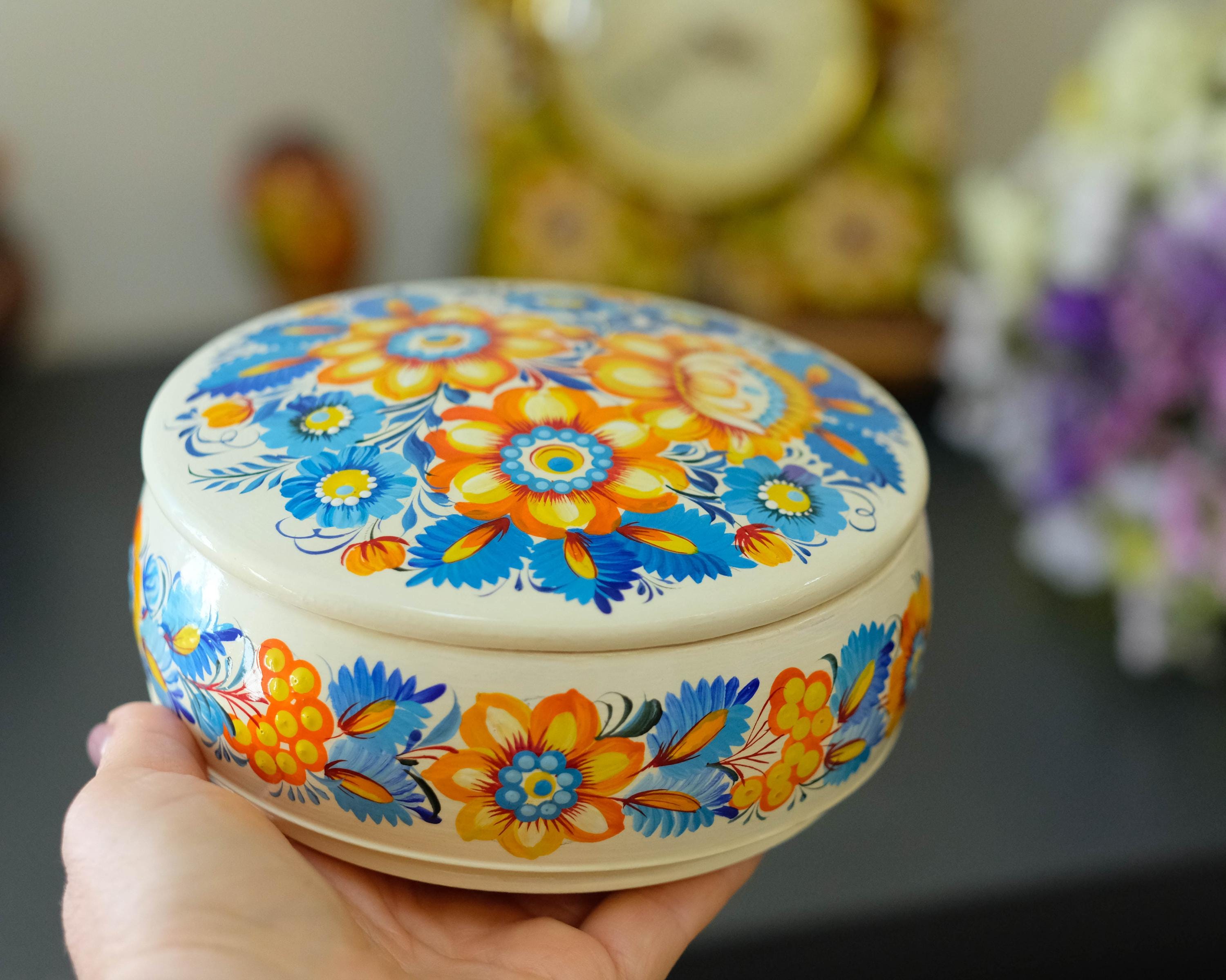 Painted Wooden Sunflower Jewelry Box with Ukrainian Petrykivka Art - Blue & Yellow Flowers