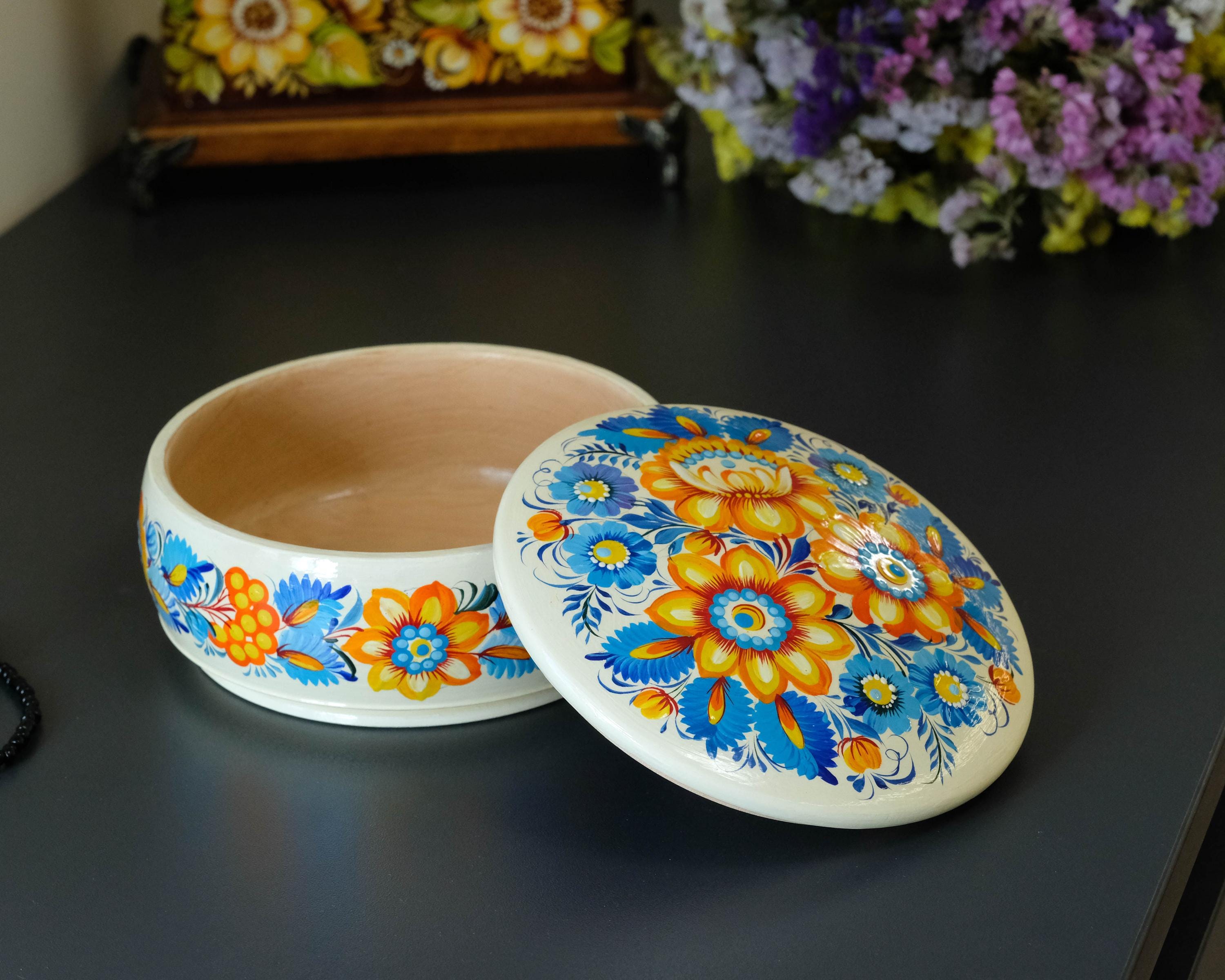 Painted Wooden Sunflower Jewelry Box with Ukrainian Petrykivka Art - Blue & Yellow Flowers