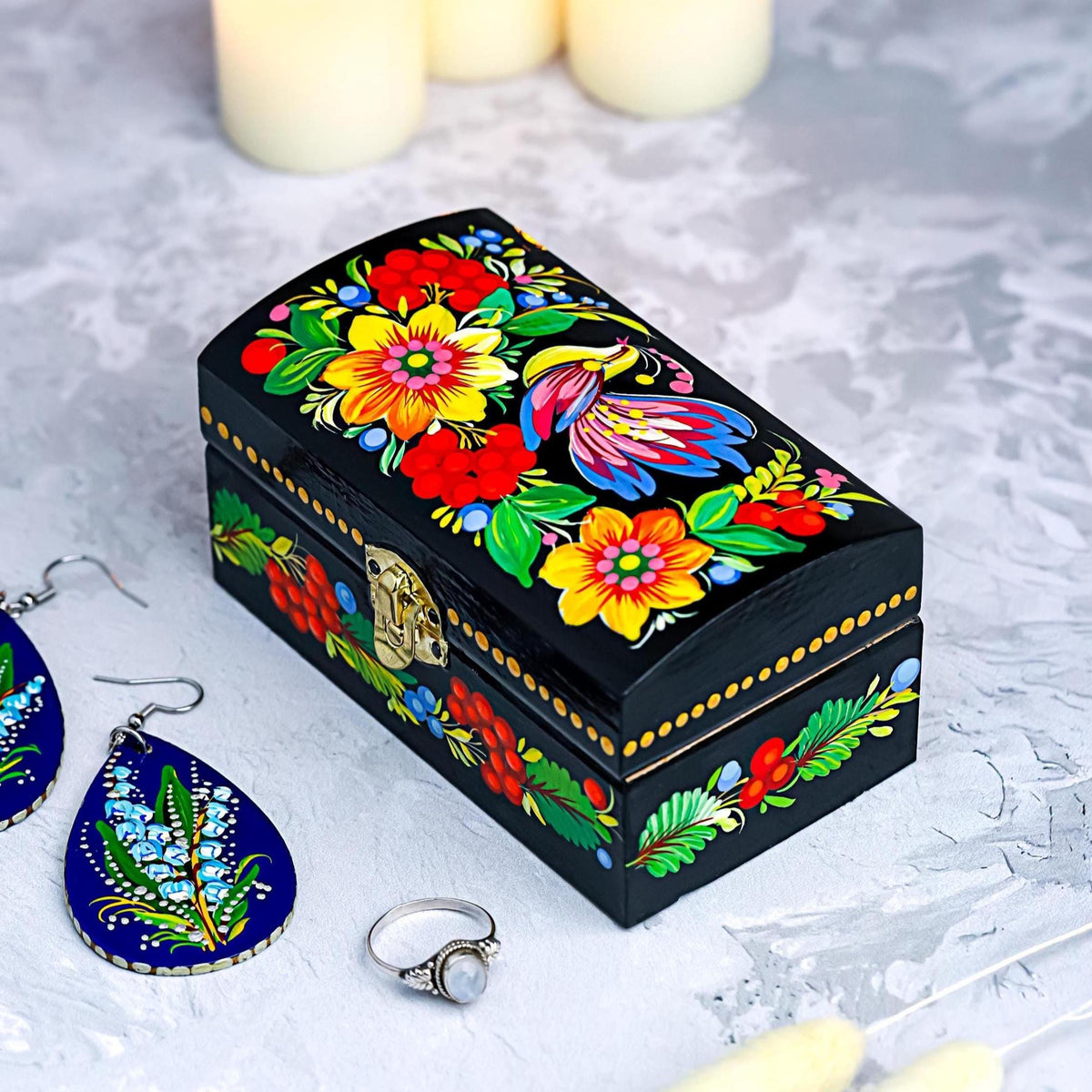 Painted Wooden Treasure Chest with Firebird 4.13 inches - Ukrainian Petrykivka Folk Art