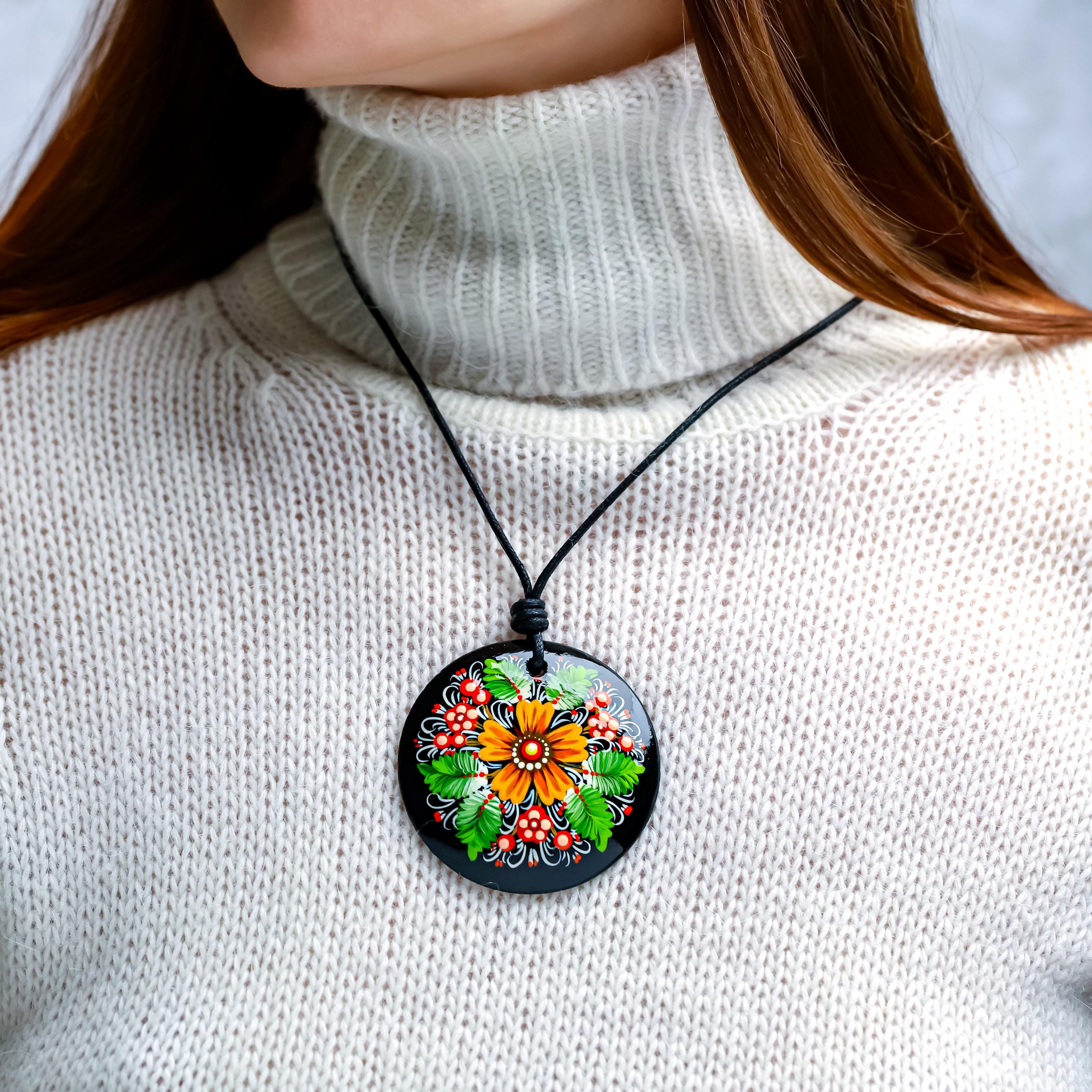 Hand-Painted Wooden Pendant Necklace – Ukrainian Petrykivka Folk Art Statement Medallion