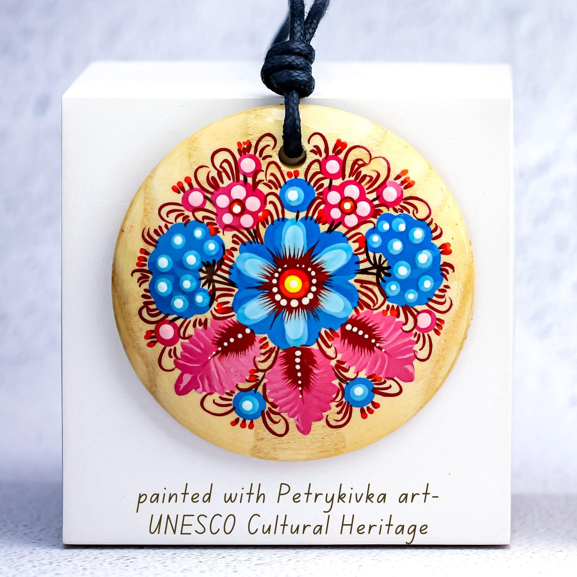 Hand-Painted Wooden Pendant Necklace – Ukrainian Petrykivka Folk Art Statement Medallion