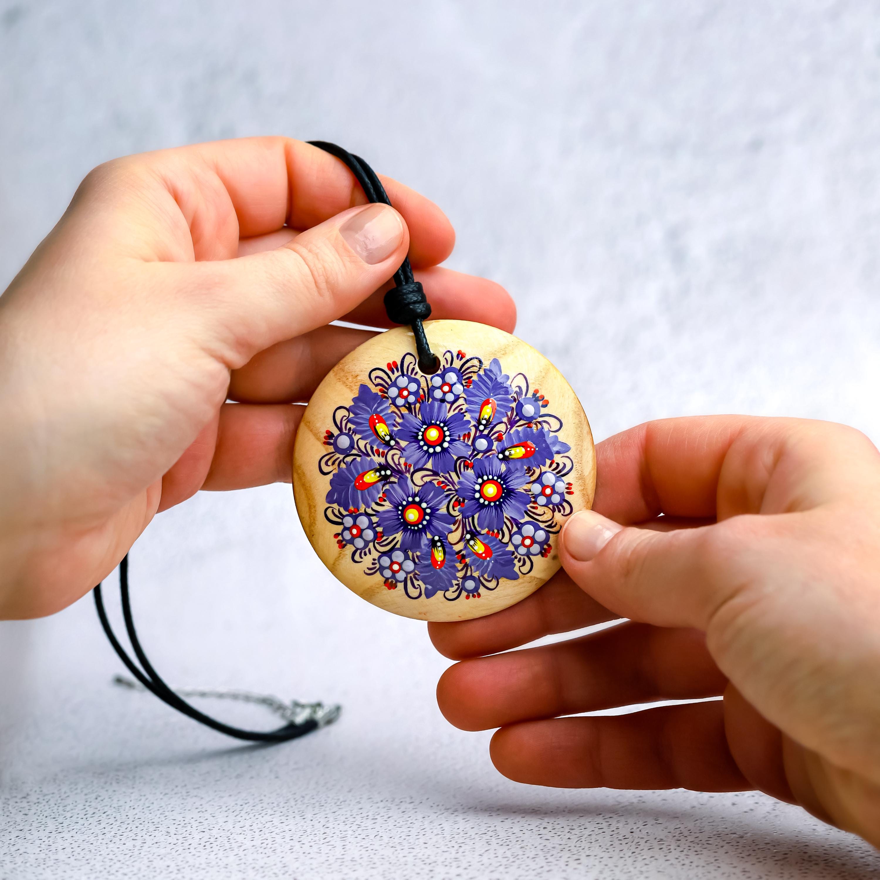Hand-Painted Wooden Pendant Necklace – Ukrainian Petrykivka Folk Art Statement Jewelry
