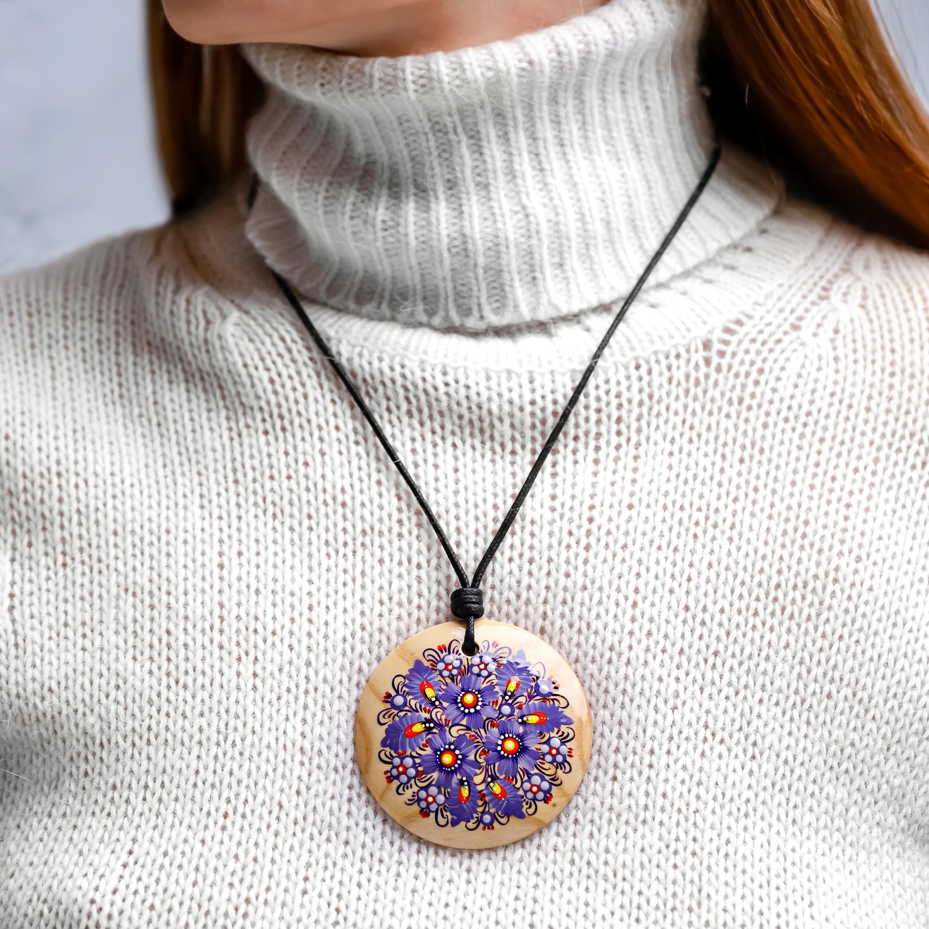 Hand-Painted Wooden Pendant Necklace – Ukrainian Petrykivka Folk Art Statement Jewelry