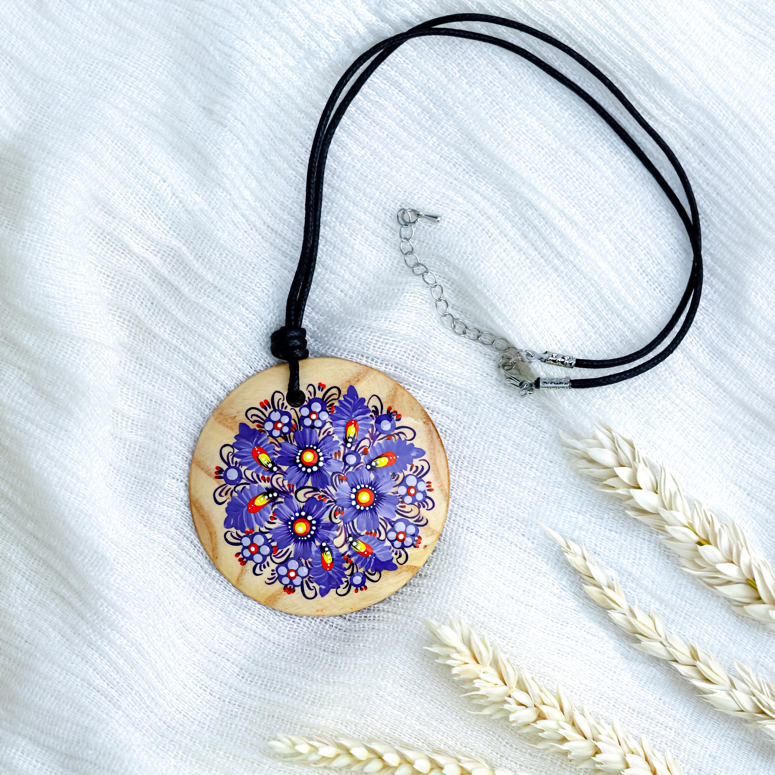 Hand-Painted Wooden Pendant Necklace – Ukrainian Petrykivka Folk Art Statement Jewelry
