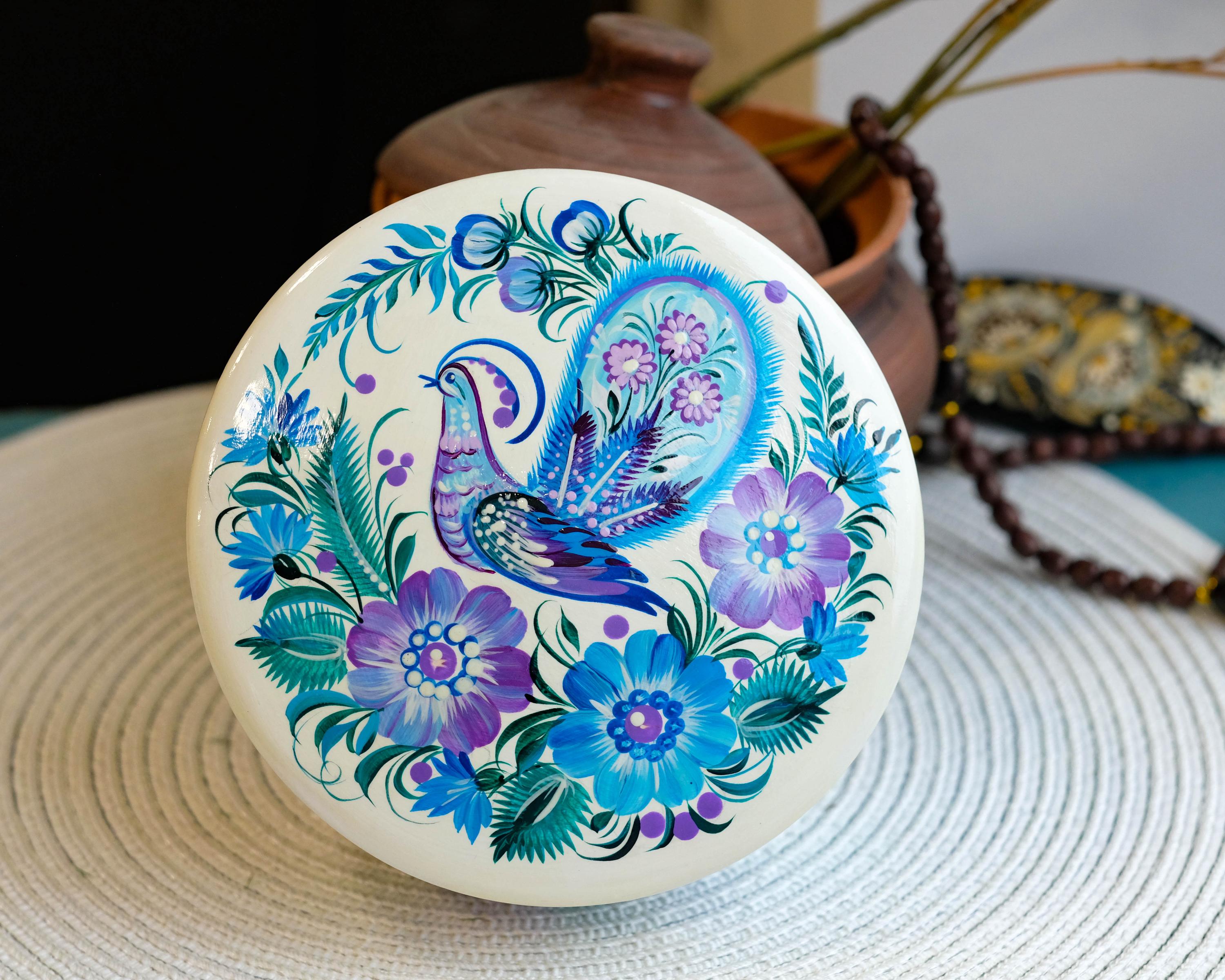 Hand-painted Wooden Jewelry Box with Ukrainian Petrykivka Art - Fairy Bird & Blue Flowers