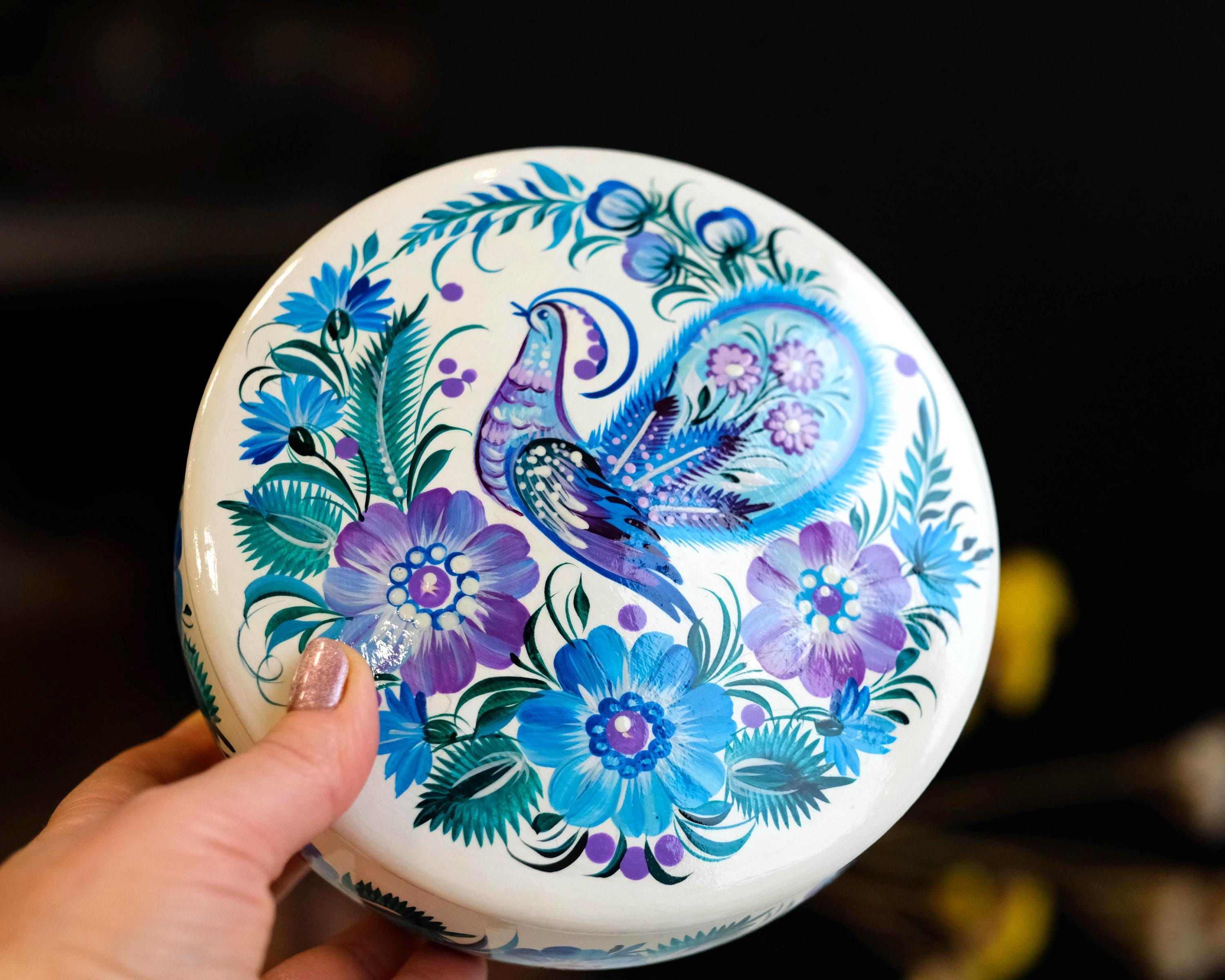 Hand-painted Wooden Jewelry Box with Ukrainian Petrykivka Art - Fairy Bird & Blue Flowers