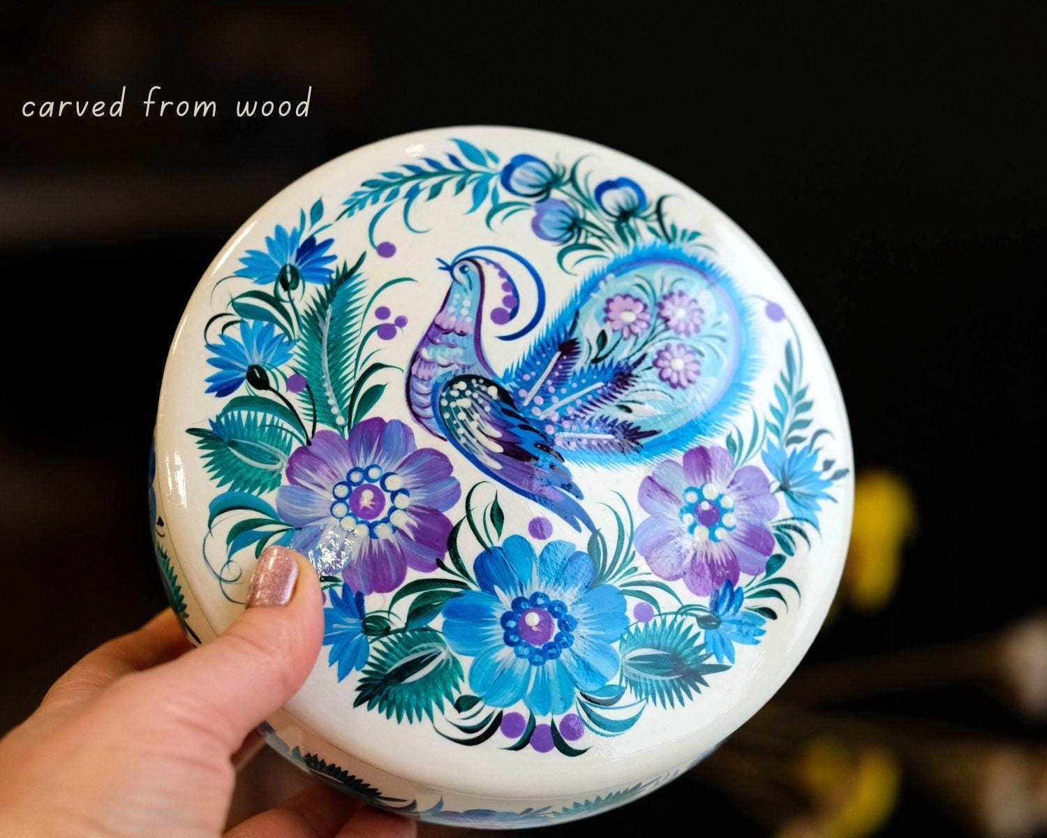 Hand-painted Wooden Jewelry Box with Ukrainian Petrykivka Art - Fairy Bird & Blue Flowers
