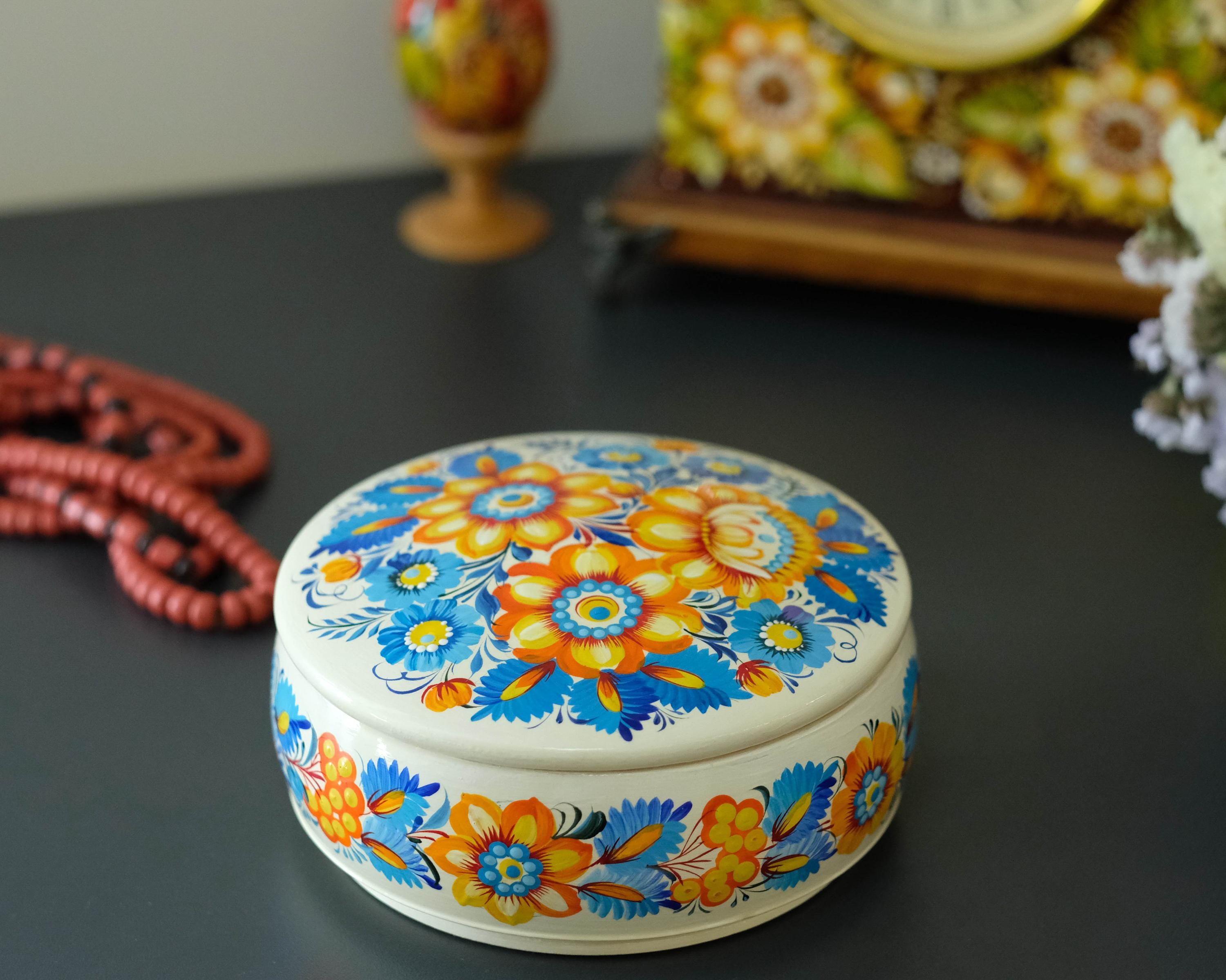 Painted Wooden Sunflower Jewelry Box with Ukrainian Petrykivka Art - Blue & Yellow Flowers