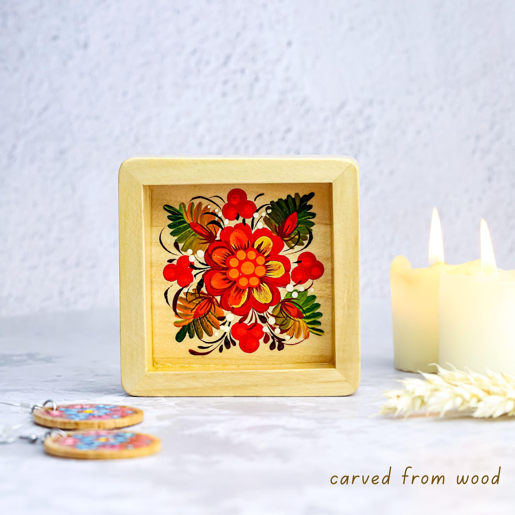 Painted Wooden Vanity Tray with Ukrainian Petrykivka Art - Hummingbird & Flower Valet Tray