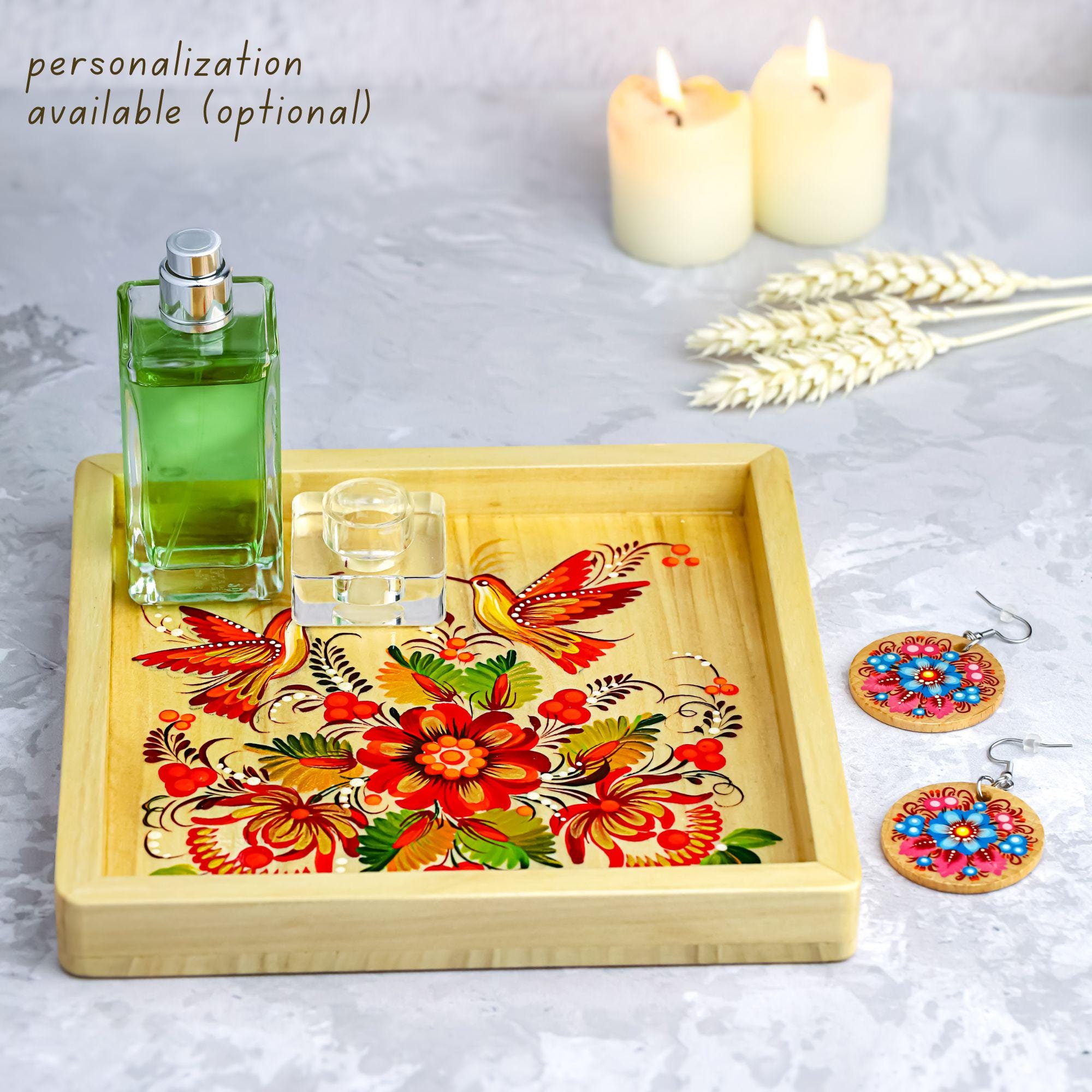 Painted Wooden Vanity Tray with Ukrainian Petrykivka Art - Hummingbird & Flower Valet Tray