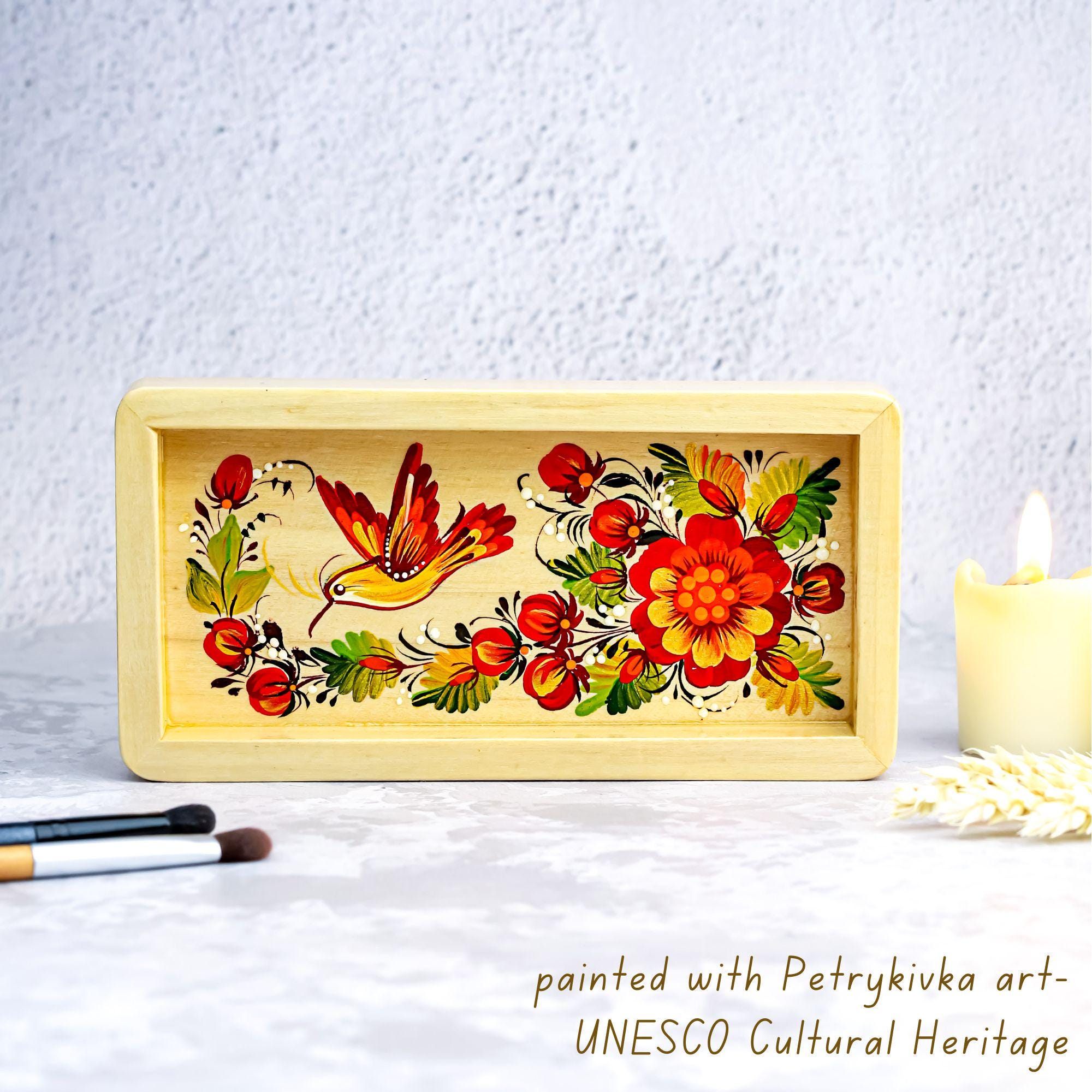 Painted Wooden Vanity Tray with Ukrainian Petrykivka Art - Hummingbird & Flower Valet Tray