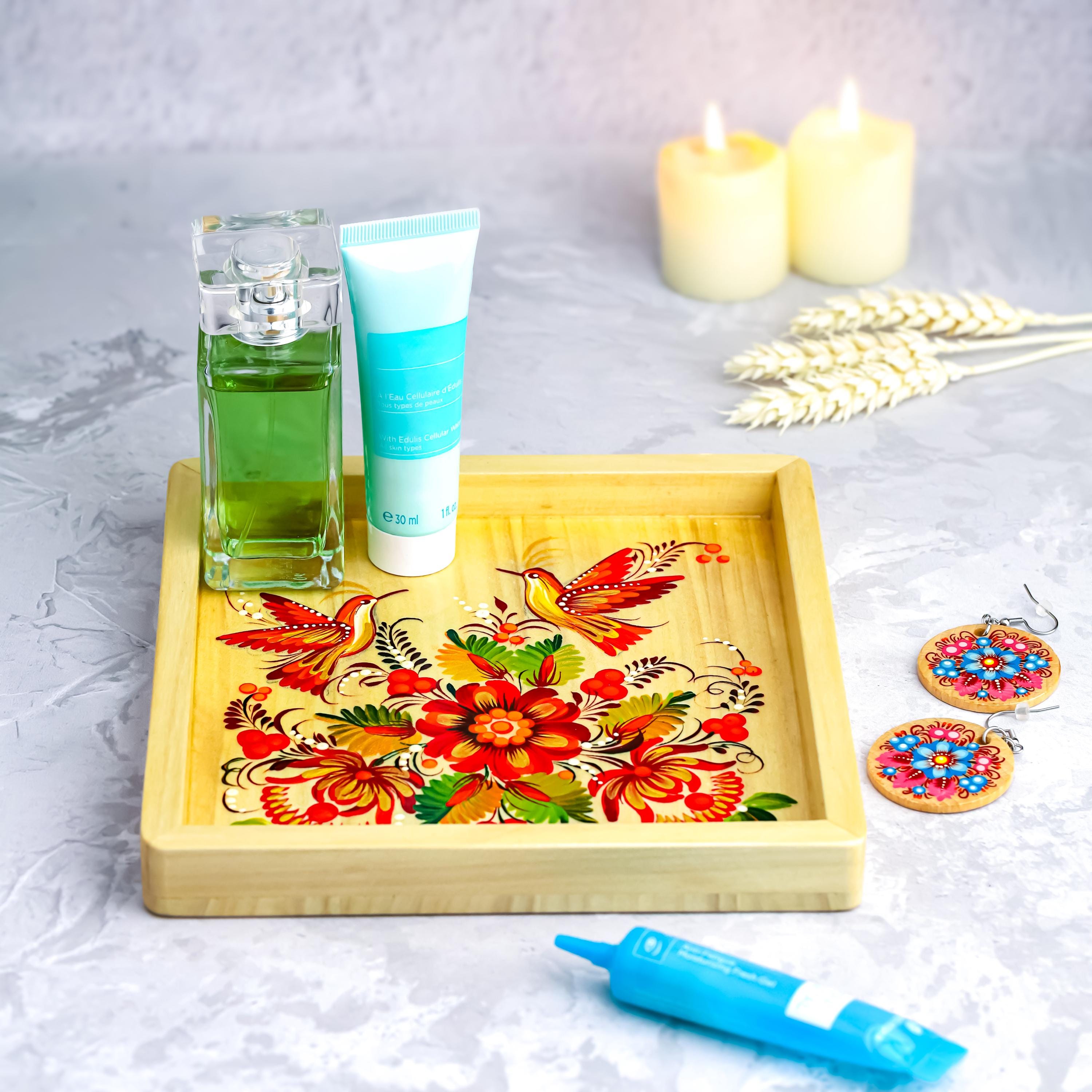 Painted Wooden Vanity Tray with Ukrainian Petrykivka Art - Hummingbird & Flower Valet Tray