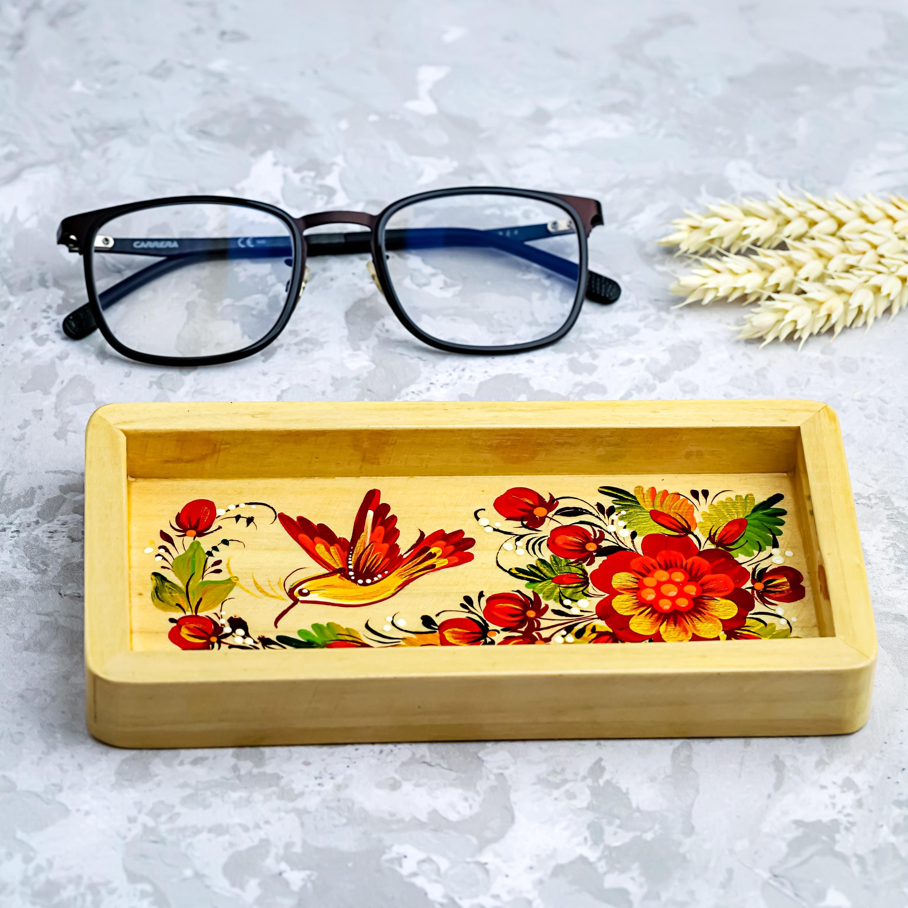 Painted Wooden Vanity Tray with Ukrainian Petrykivka Art - Hummingbird & Flower Valet Tray