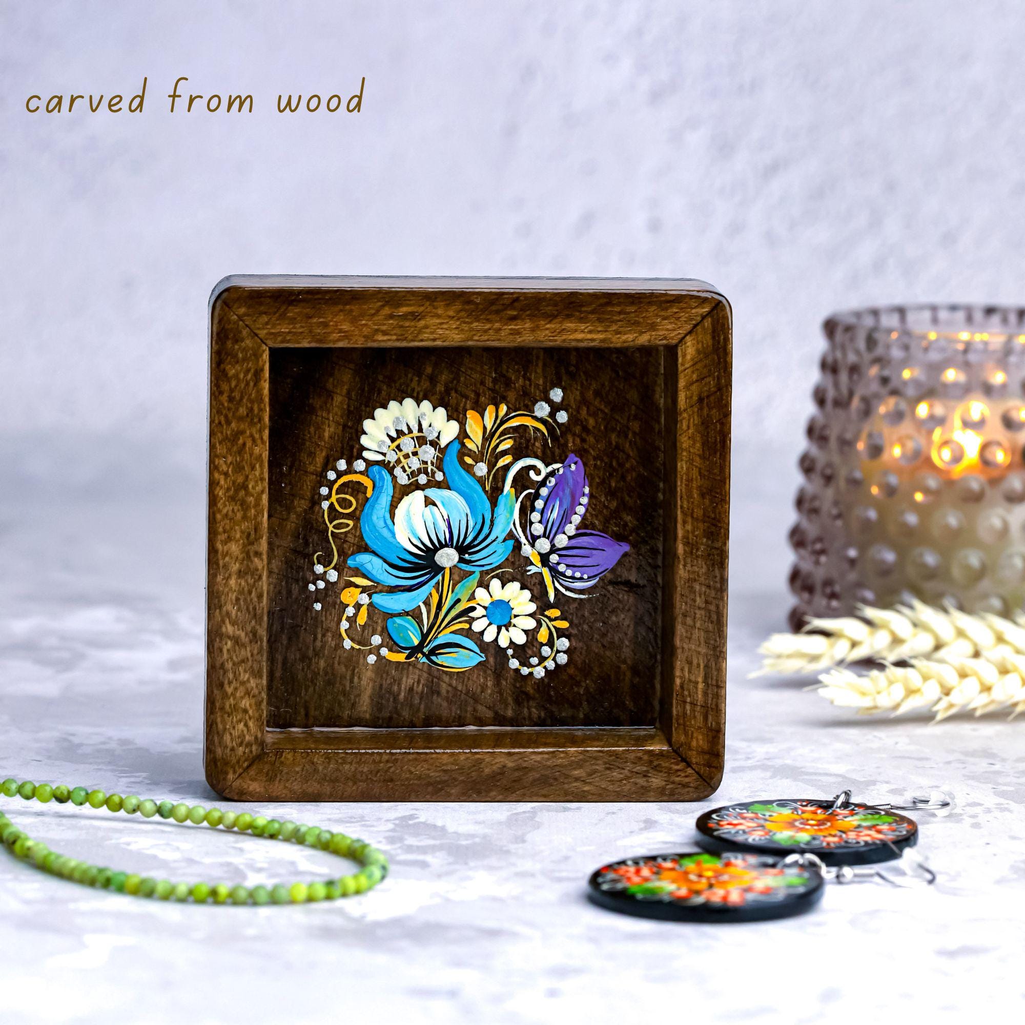 Painted Wooden Vanity Tray with Ukrainian Petrykivka Art - Dark Wood Blue Mushroom Catch All Tray