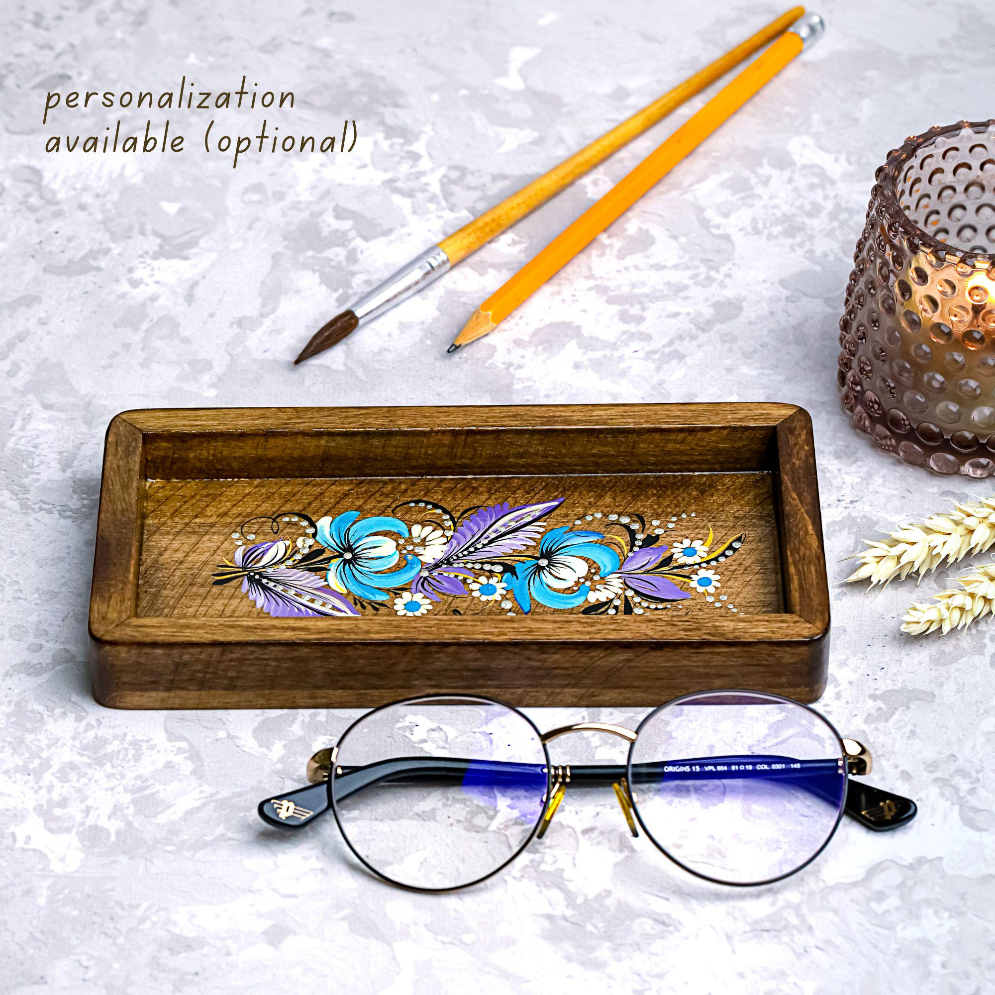 Painted Wooden Vanity Tray with Ukrainian Petrykivka Art - Dark Wood Blue Mushroom Catch All Tray