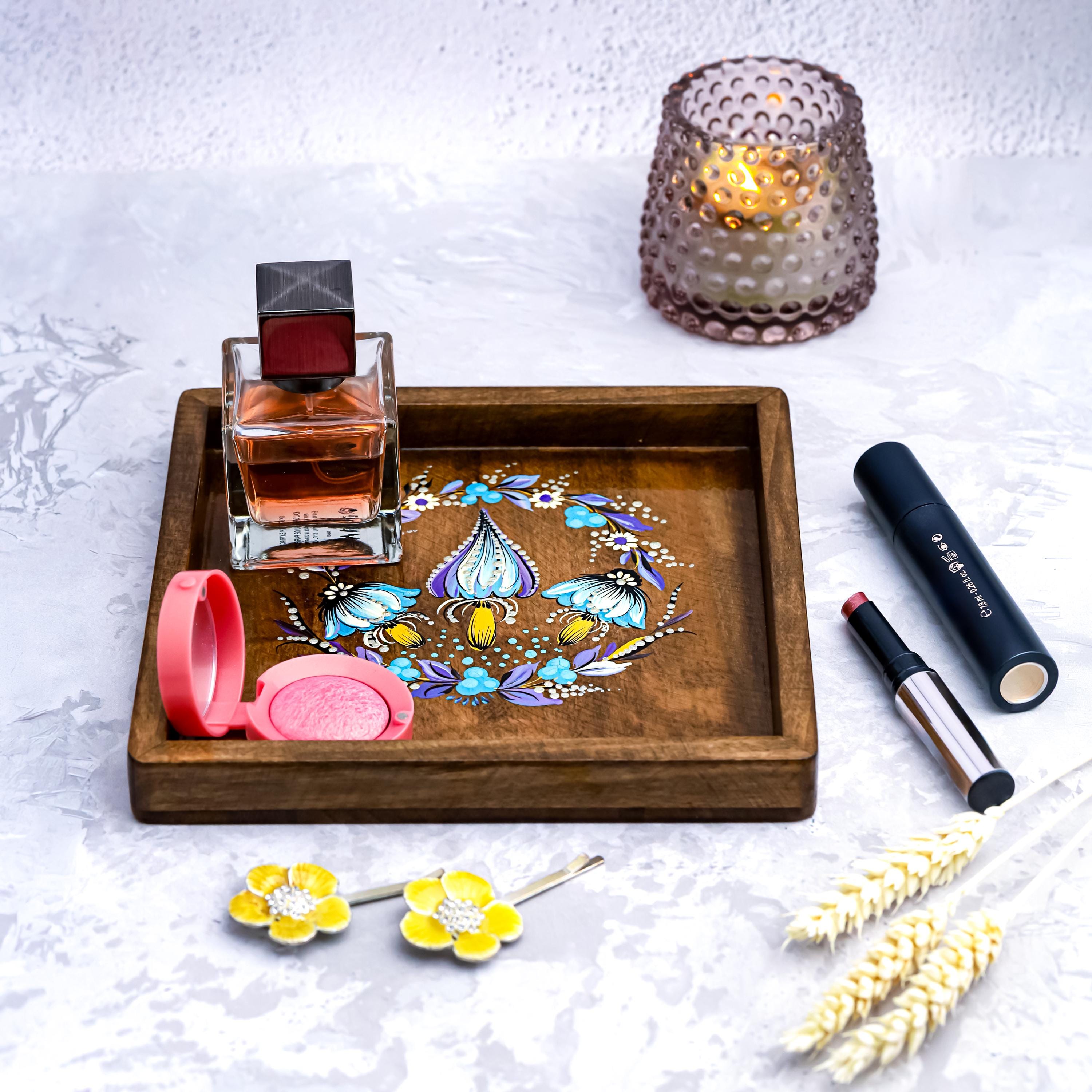 Painted Wooden Vanity Tray with Ukrainian Petrykivka Art - Dark Wood Blue Mushroom Catch All Tray