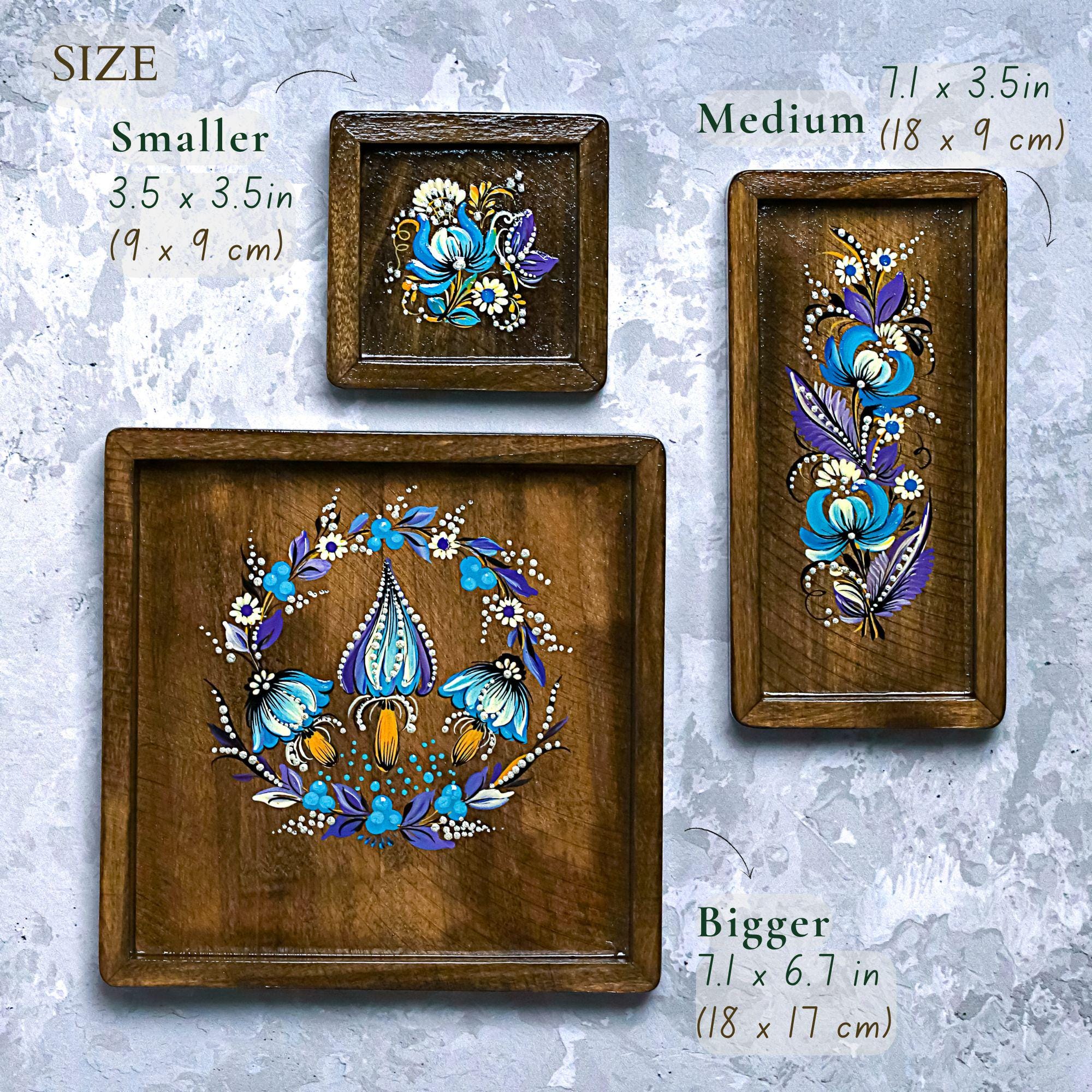 Painted Wooden Vanity Tray with Ukrainian Petrykivka Art - Dark Wood Blue Mushroom Catch All Tray