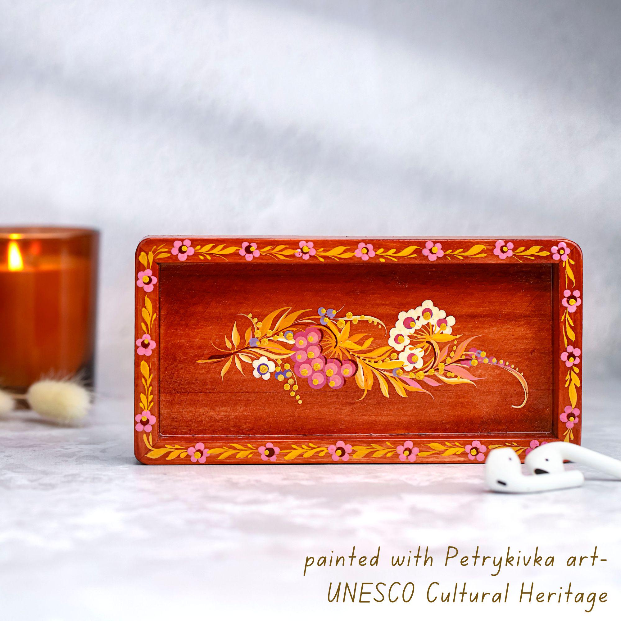 Painted Wooden Vanity Tray with Ukrainian Petrykivka Art - Red Wood Hummingbird Catch All Tray
