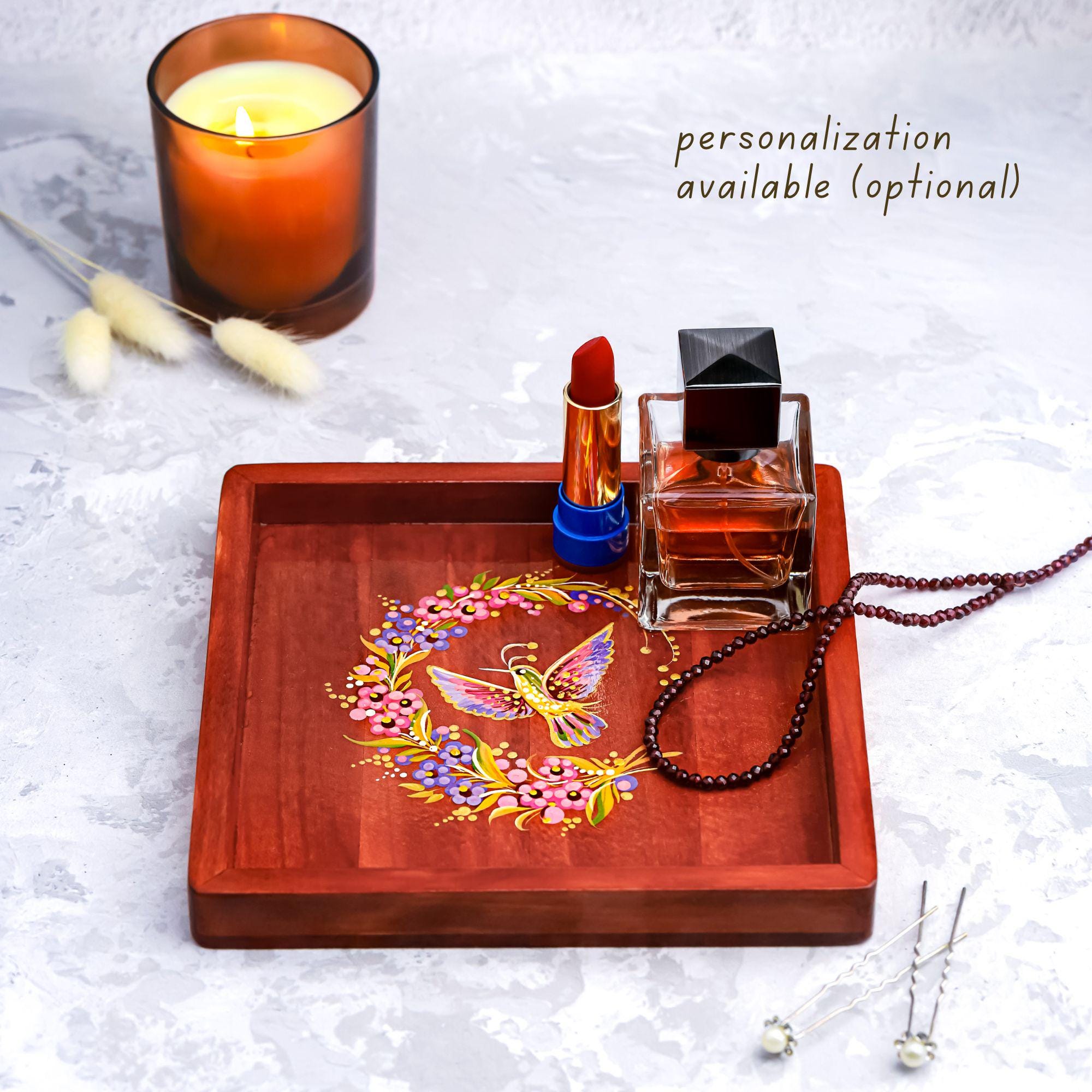 Painted Wooden Vanity Tray with Ukrainian Petrykivka Art - Red Wood Hummingbird Catch All Tray