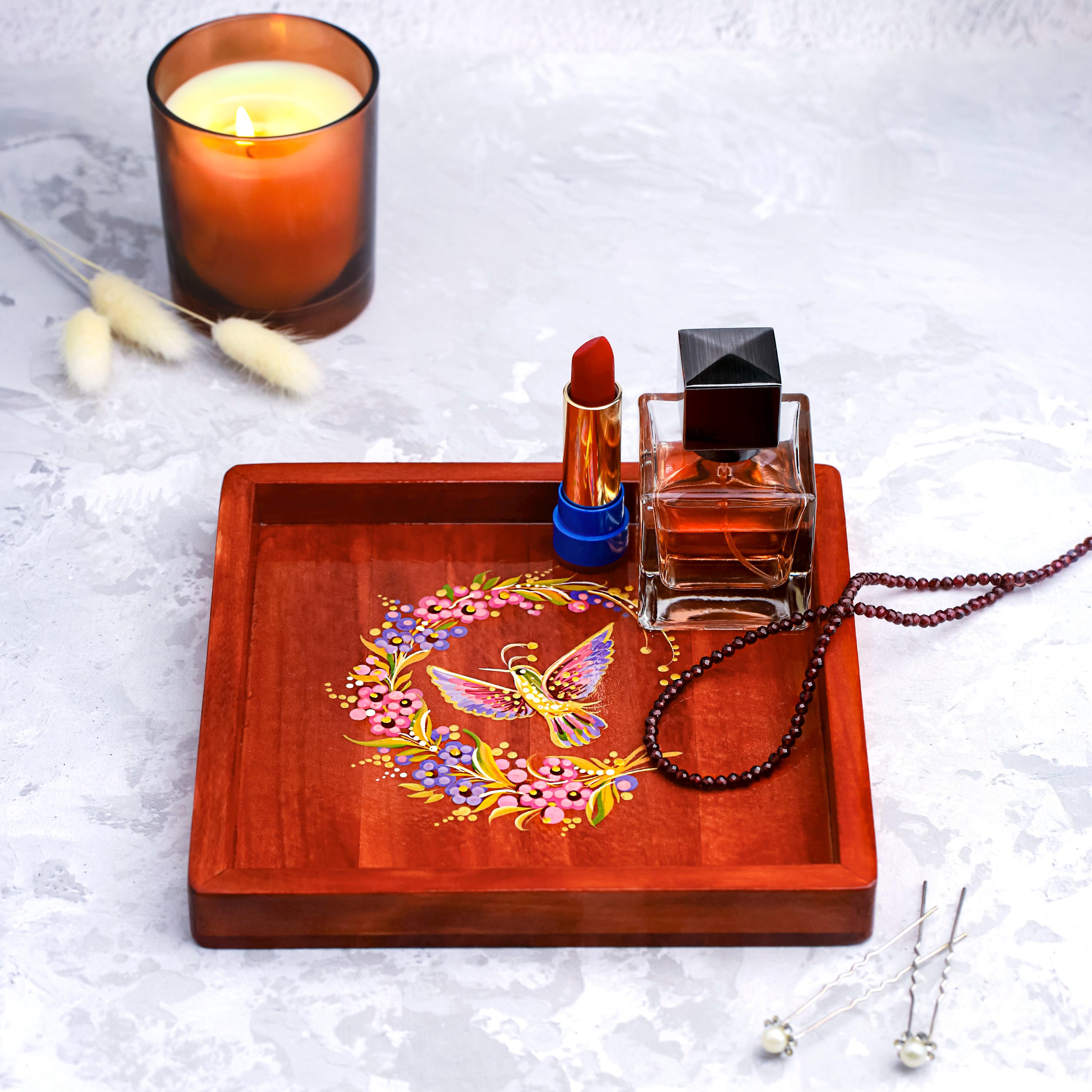 Painted Wooden Vanity Tray with Ukrainian Petrykivka Art - Red Wood Hummingbird Catch All Tray